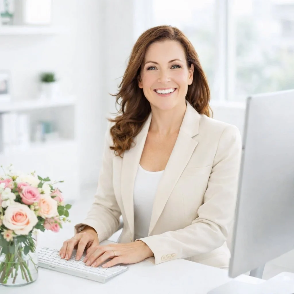This is an image of Gina Woelfel, Digital Clarity Specialist and Mood Edit and Co. founder. She is in a beige linen suit in her office with flowers. She has red hair and she's smiling