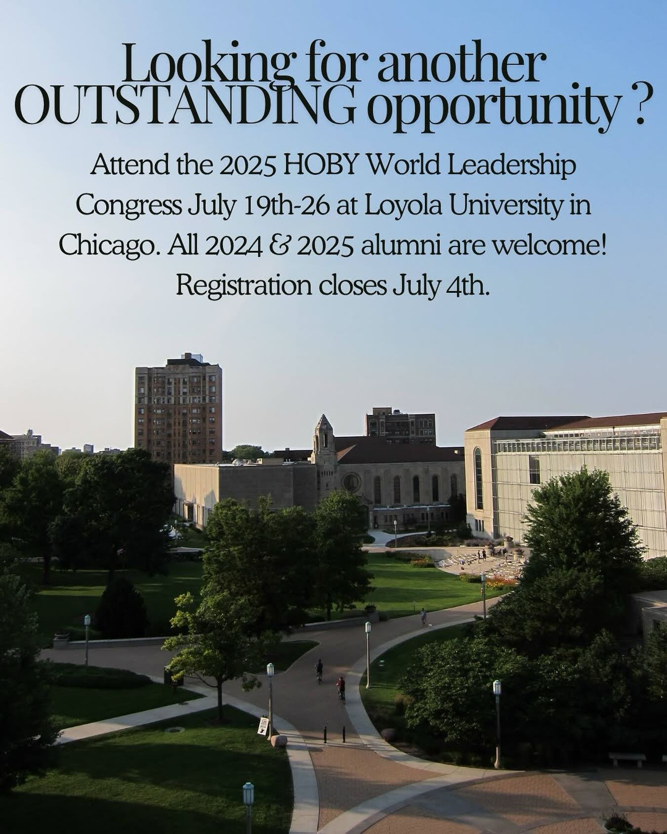 Calling all 2024 and 2025 HOBY Alums! Will we be seeing you next month in Chicago?! You still have time to register for the 2025 World Leadership Congress, so don&rsquo;t wait! Click the link in our bio for more info.