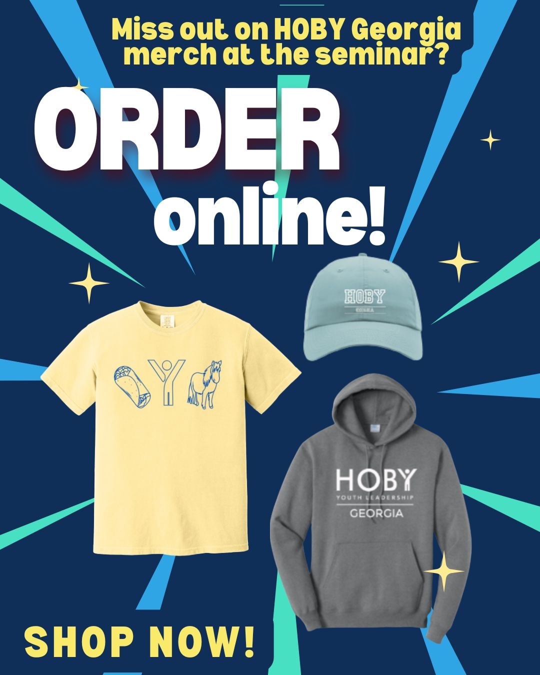Missing your HOBY Georgia weekend already? Keep the HOBY spirit going with limited time merch! 💙

If your favorite size, color, or item sold out at the seminar, don't worry, you can still order online and have it shipped directly to your home. 🛍️📦