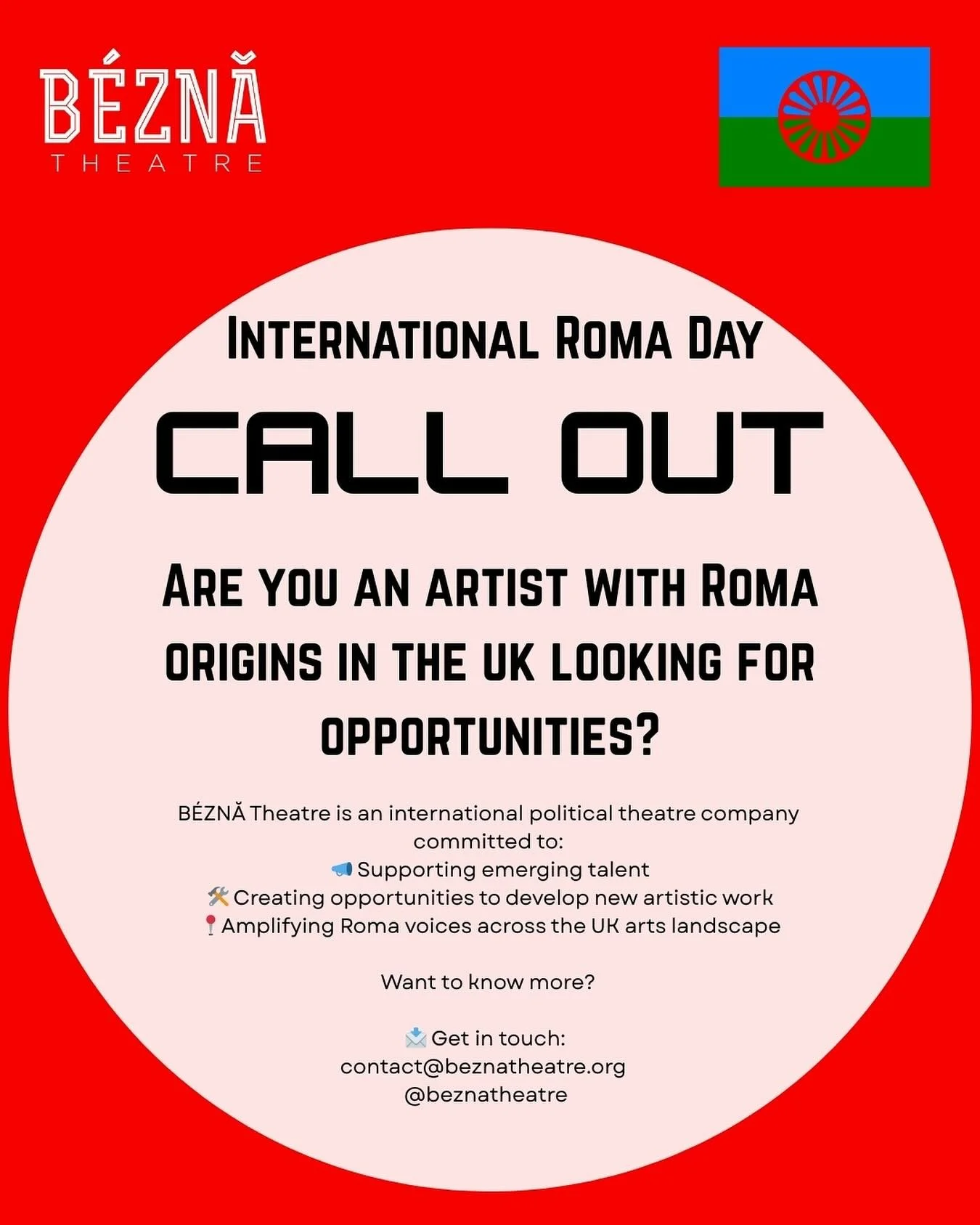 🌍 Happy International Roma Day! 💫
We&rsquo;re celebrating 8 April by reaching out to artists with Roma origins based in the UK &mdash; whether you&rsquo;re an emerging or established artist working in theatre, visual arts, music, writing, or any ot