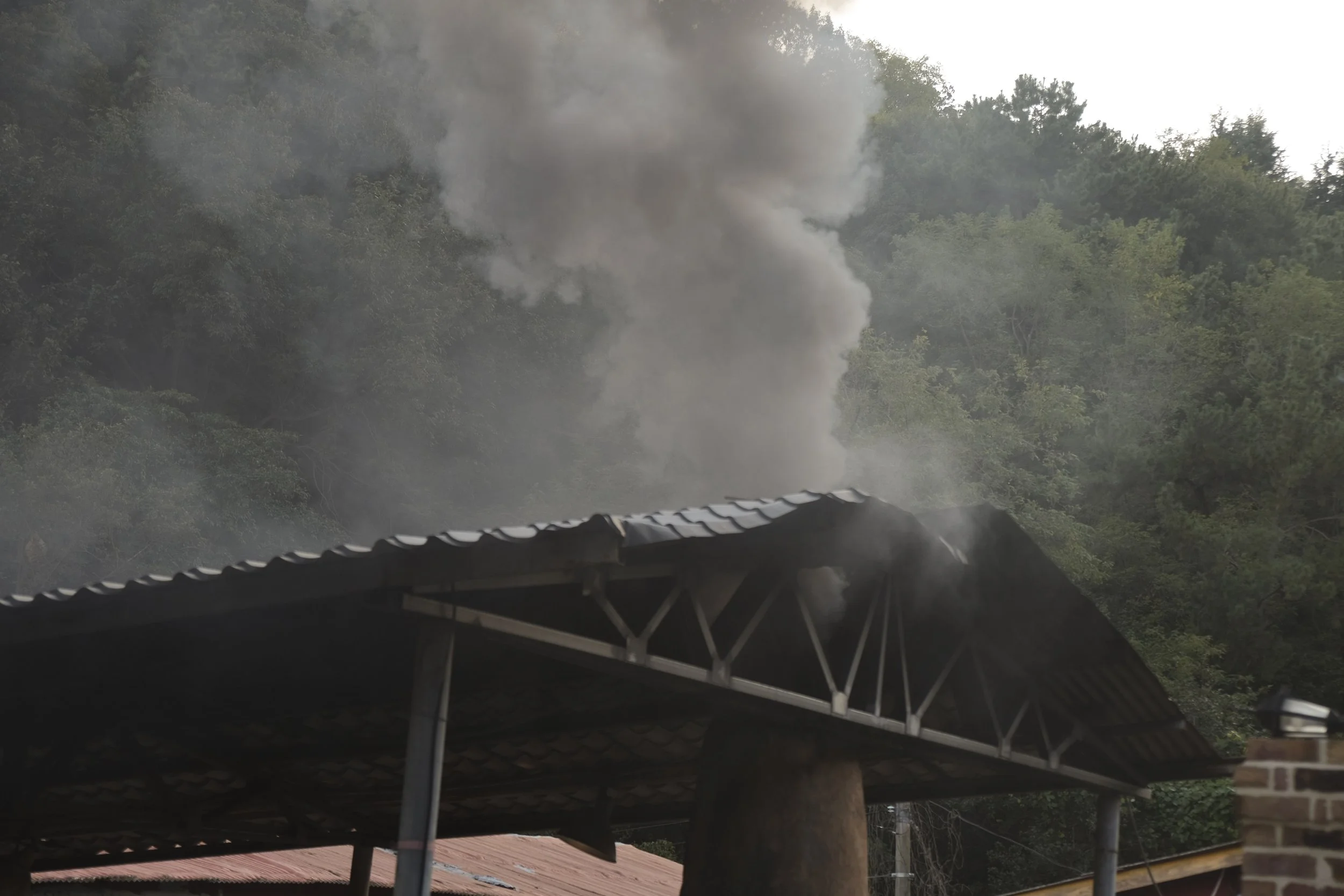 A building with a corrugated metal roof emitting thick gray smoke from the top, surrounded by green trees in the background.