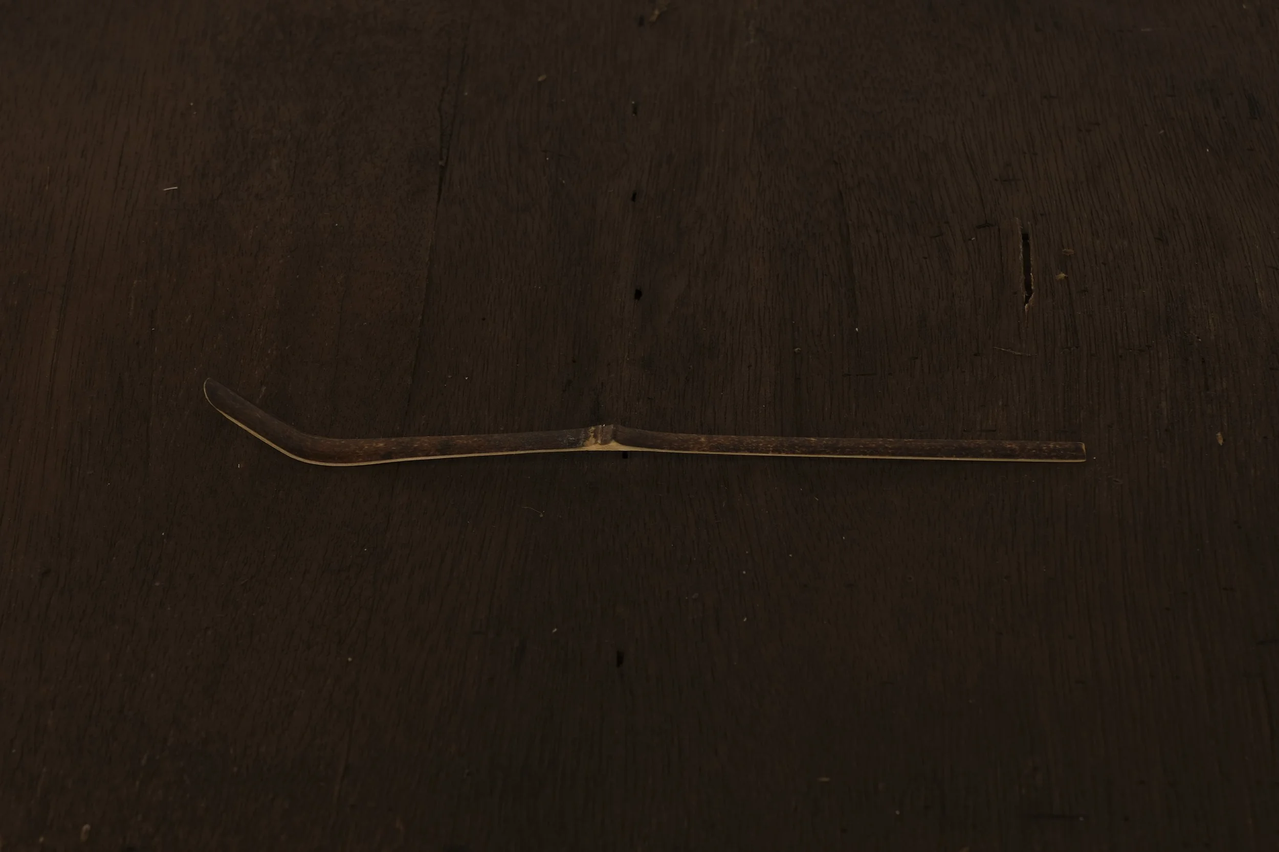 A single, thin, dark-colored metal spoon lies horizontally on a dark wooden surface.