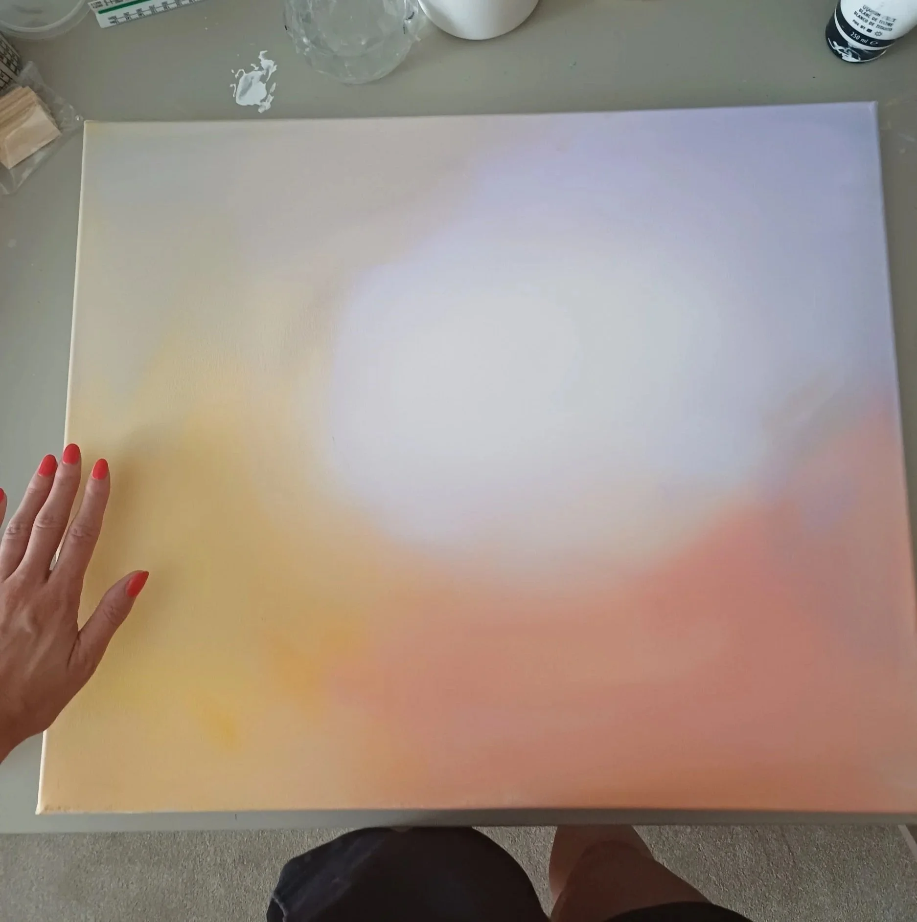  I covered the canvas in a base layer of paint first, using a brush with water to blend the colours. This helped create a rough guide for the composition, but it came out a bit too pastel.. 