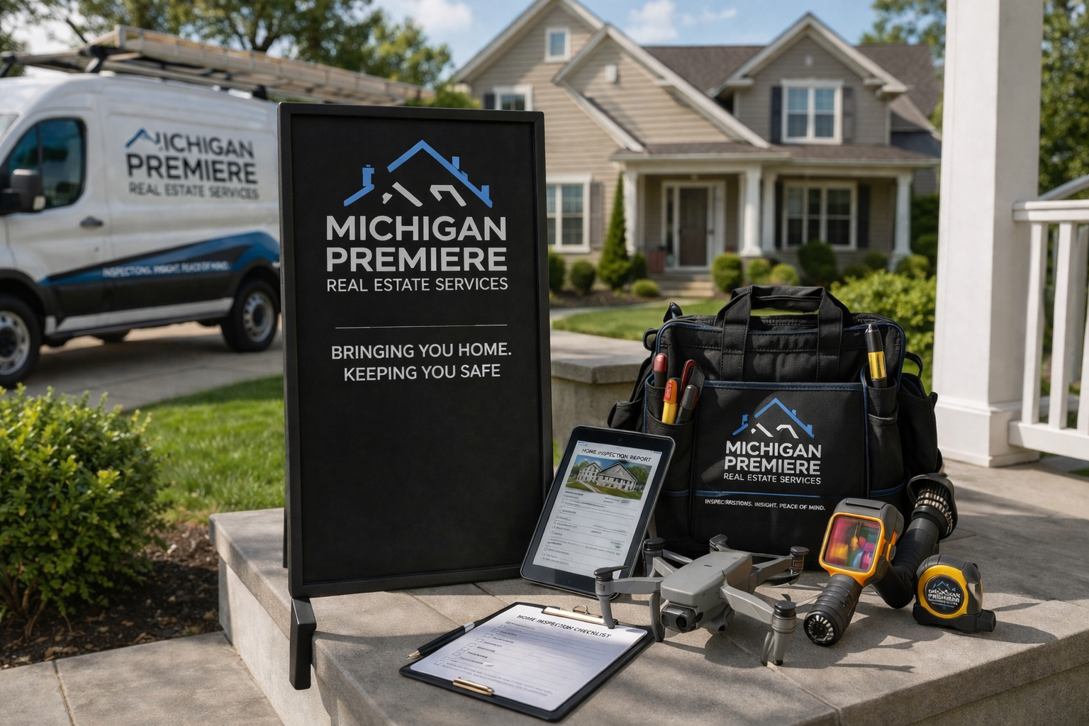 Real estate promotional materials including a black signboard with Michigan Premiere Real Estate Services logo, a portable toolkit with tools, a drone, a tablet displaying a house inspection report, and a black bag with company branding on a porch in front of a house.
