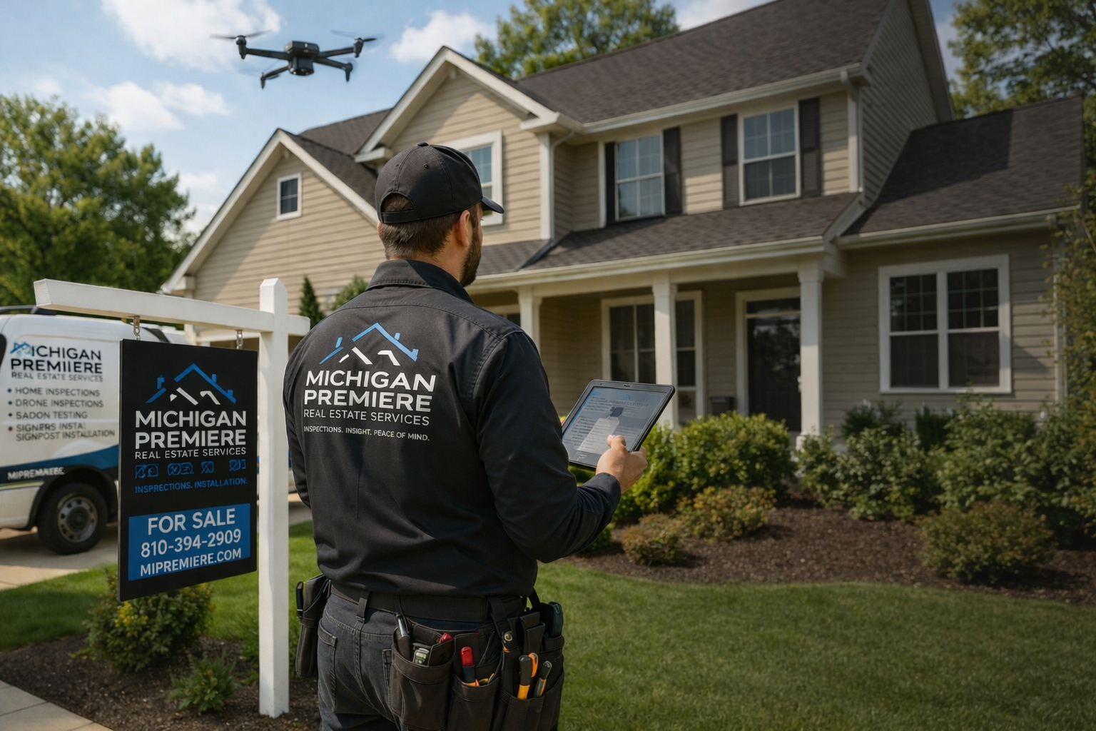 A man in a black jacket and cap with 'Michigan Premiere Real Estate Services' logo inspects a house using a tablet. A drone hovers nearby, and a 'For Sale' sign is visible.