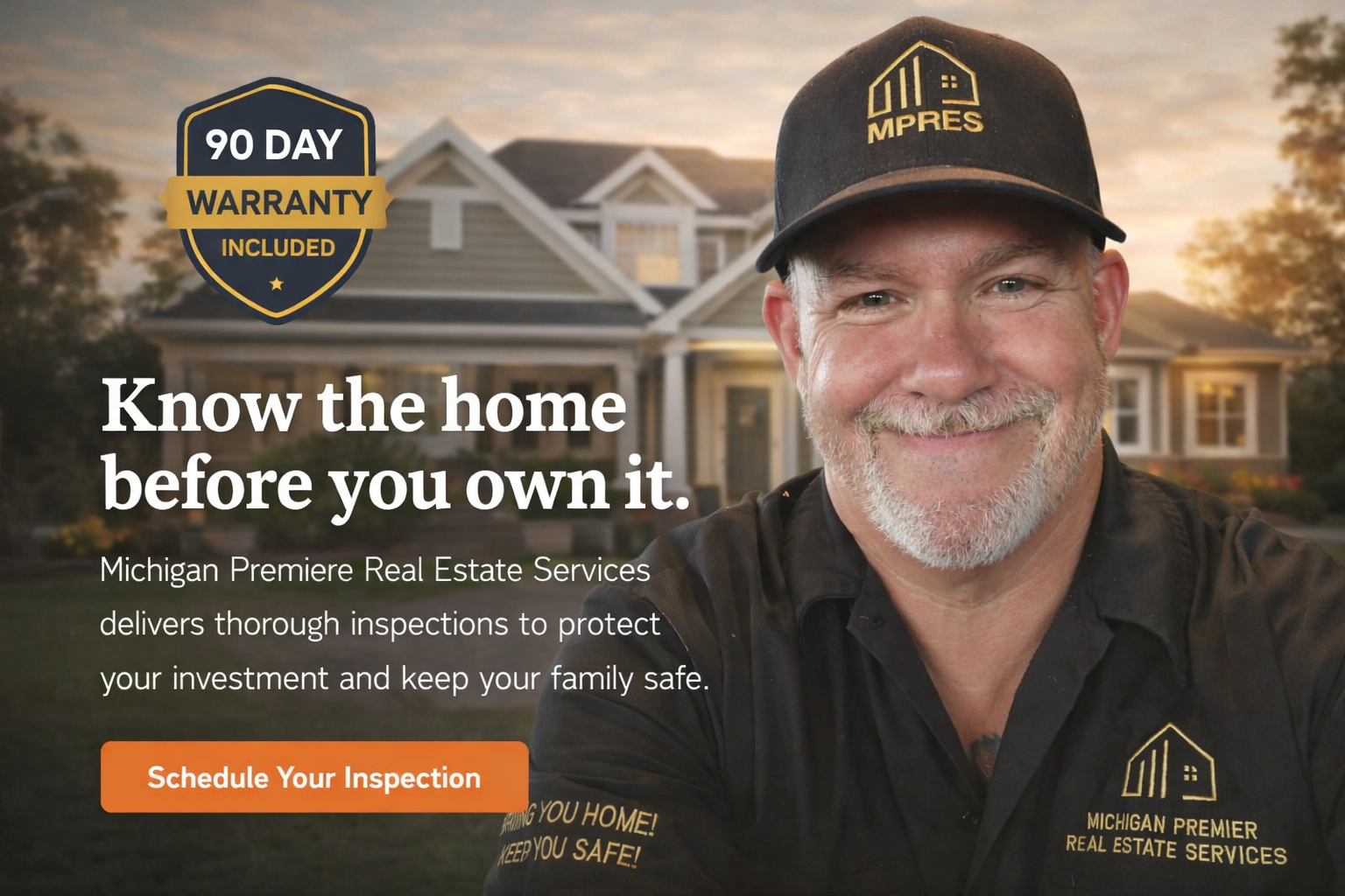 A man in a black Michigan Premier Real Estate Services uniform and cap smiling in front of a house during sunset promoting home inspections with a button to schedule an inspection.