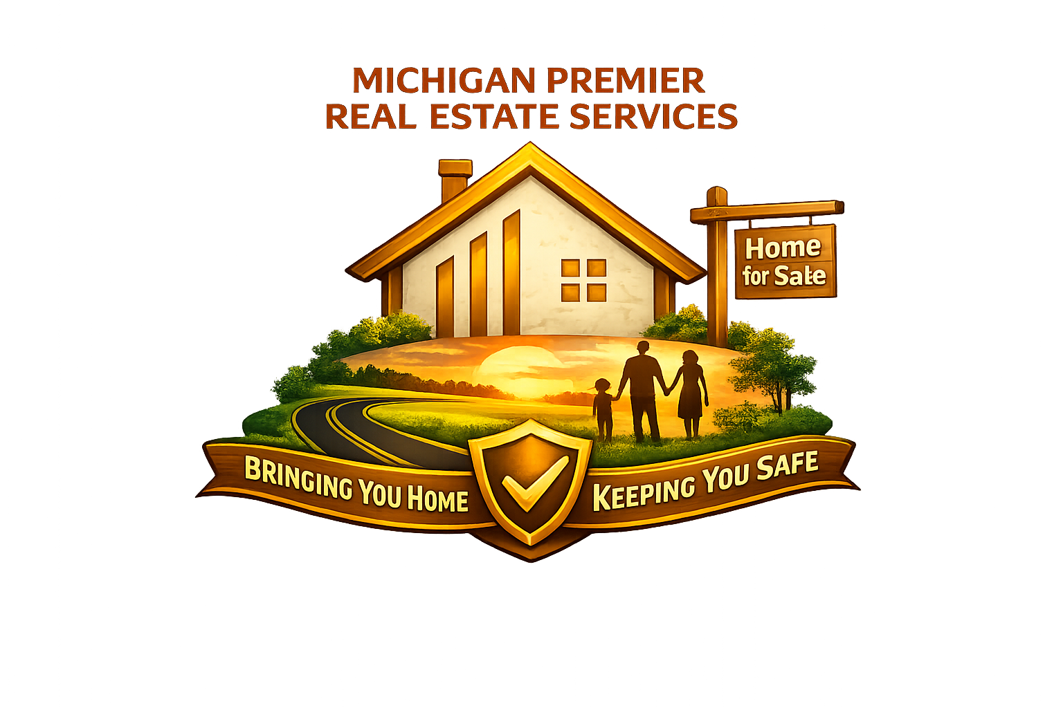 Illustration of a real estate company with a house, sunset, and family, featuring text 'Michigan Premier Real Estate Services,' 'Home for Sale,' and slogans 'Bringing You Home, Keeping You Safe' with a shield and checkmark.