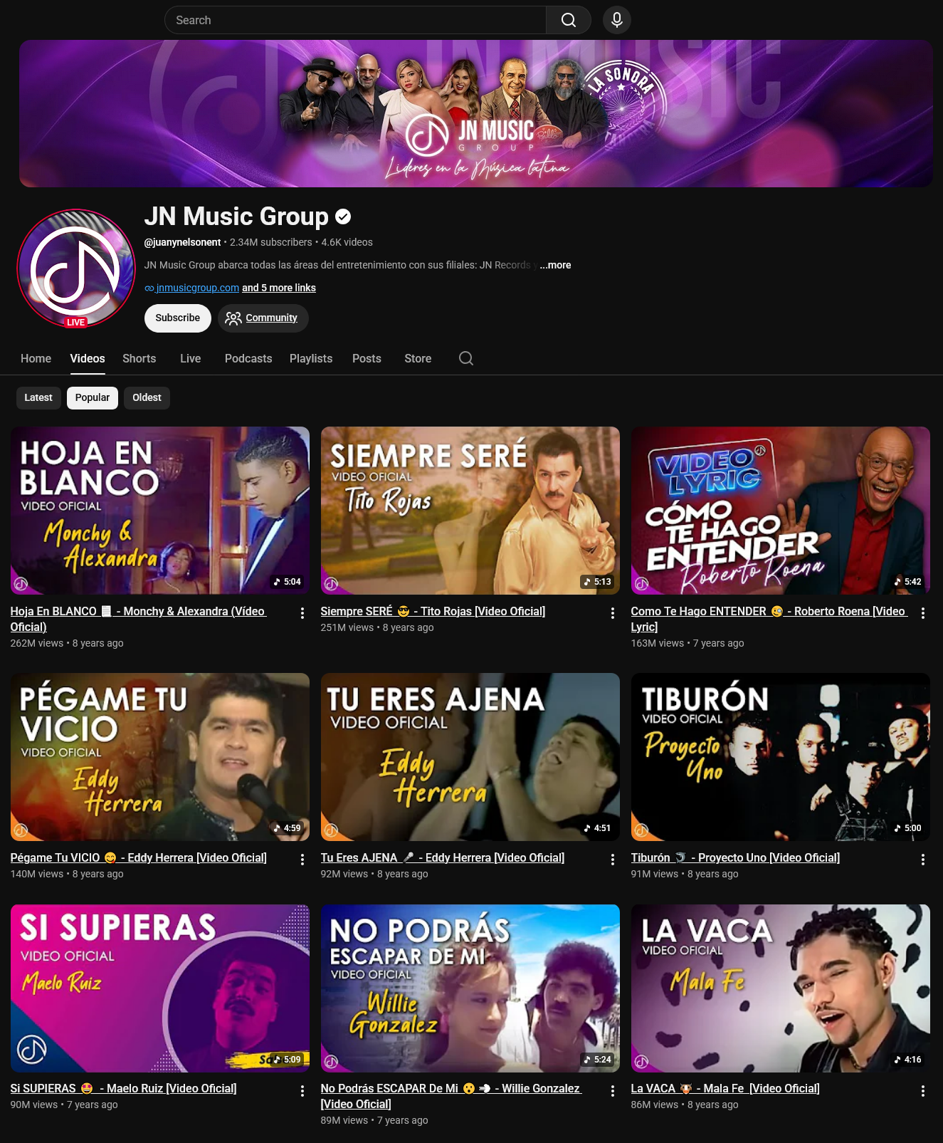 The YouTube homepage of the JN Music Group Channel. The Videos tab has been selected and the content is sorted by most popular.