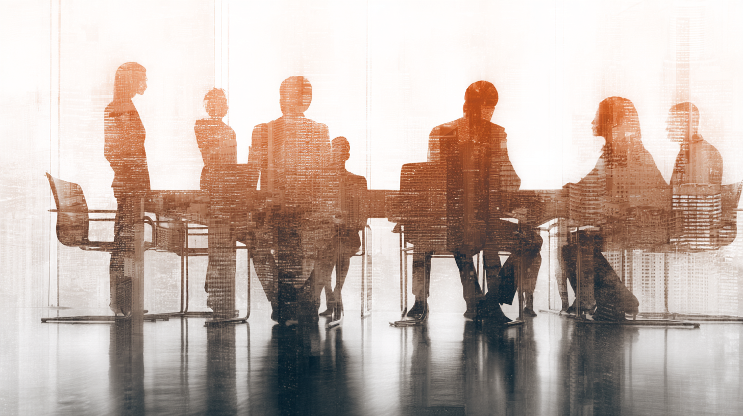 Silhouettes of business professionals meeting around a conference table in a high-rise office with cityscape view