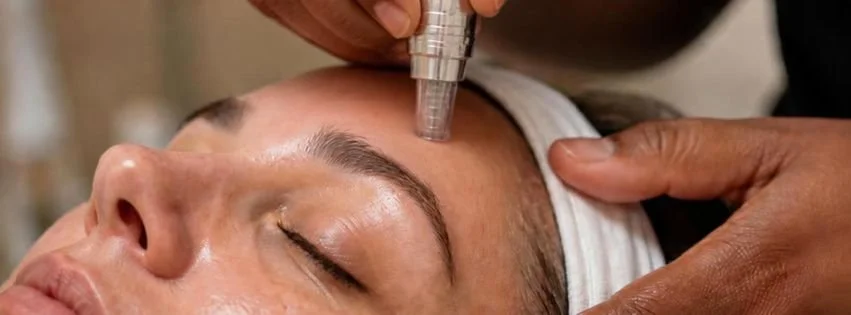 Microneedling pen being used on the forehead during a skin treatment