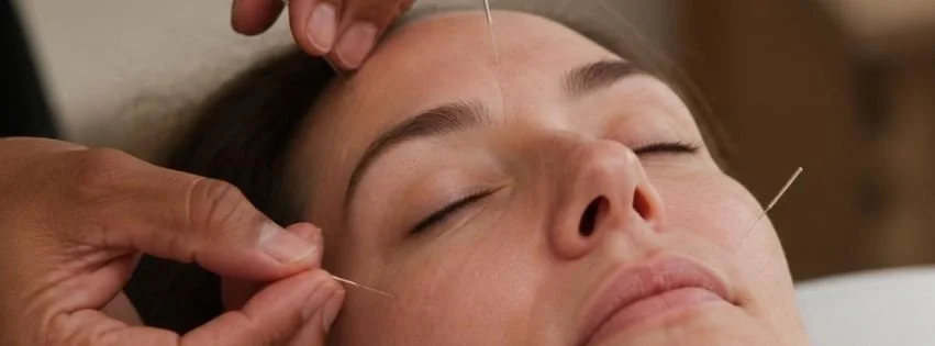 Facial acupuncture needle being placed near the temple