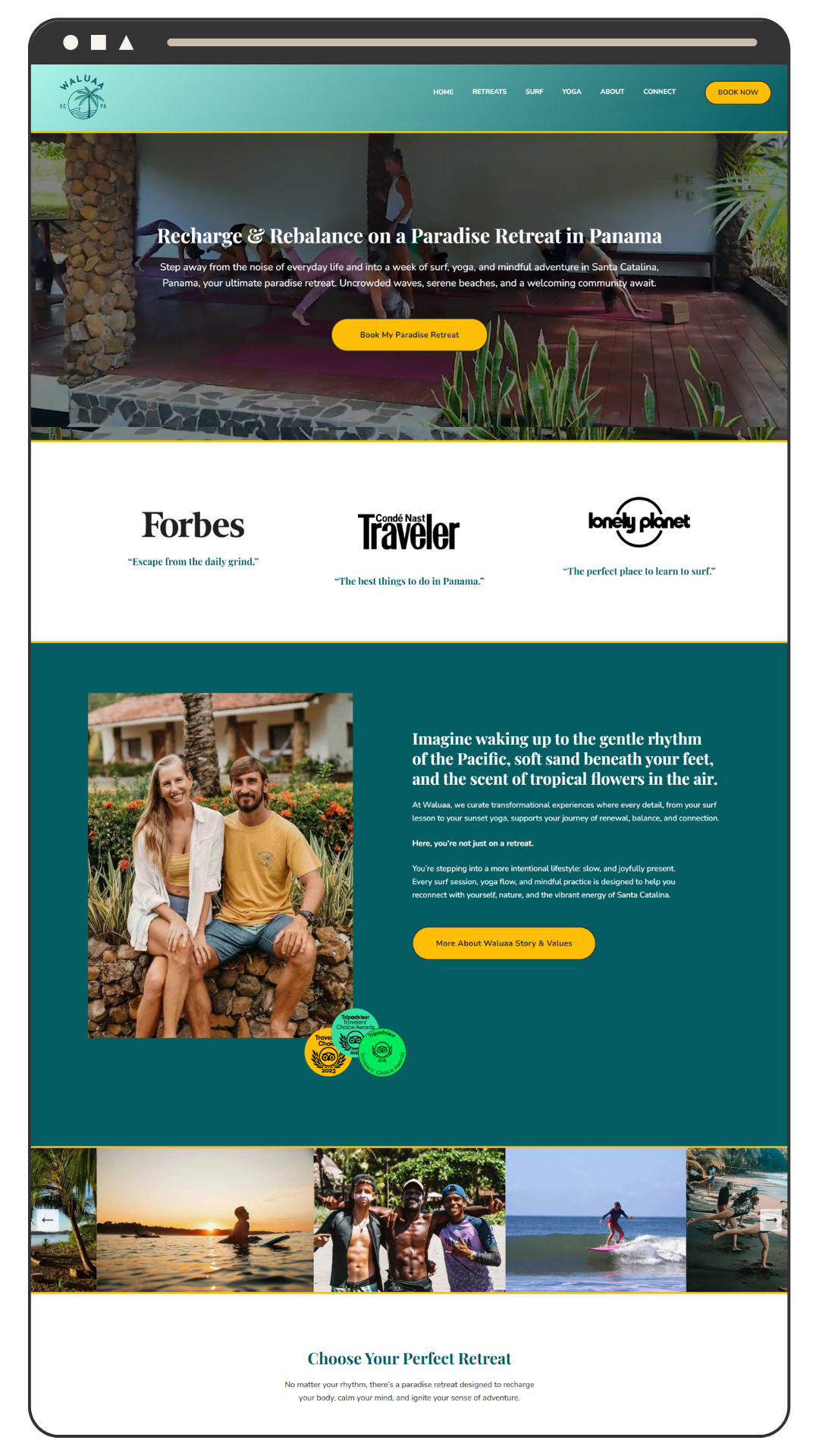 Professional Squarespace website design for wellness showcasing Waluaa Surf and Yoga retreats in Santa Catalina, Panama
