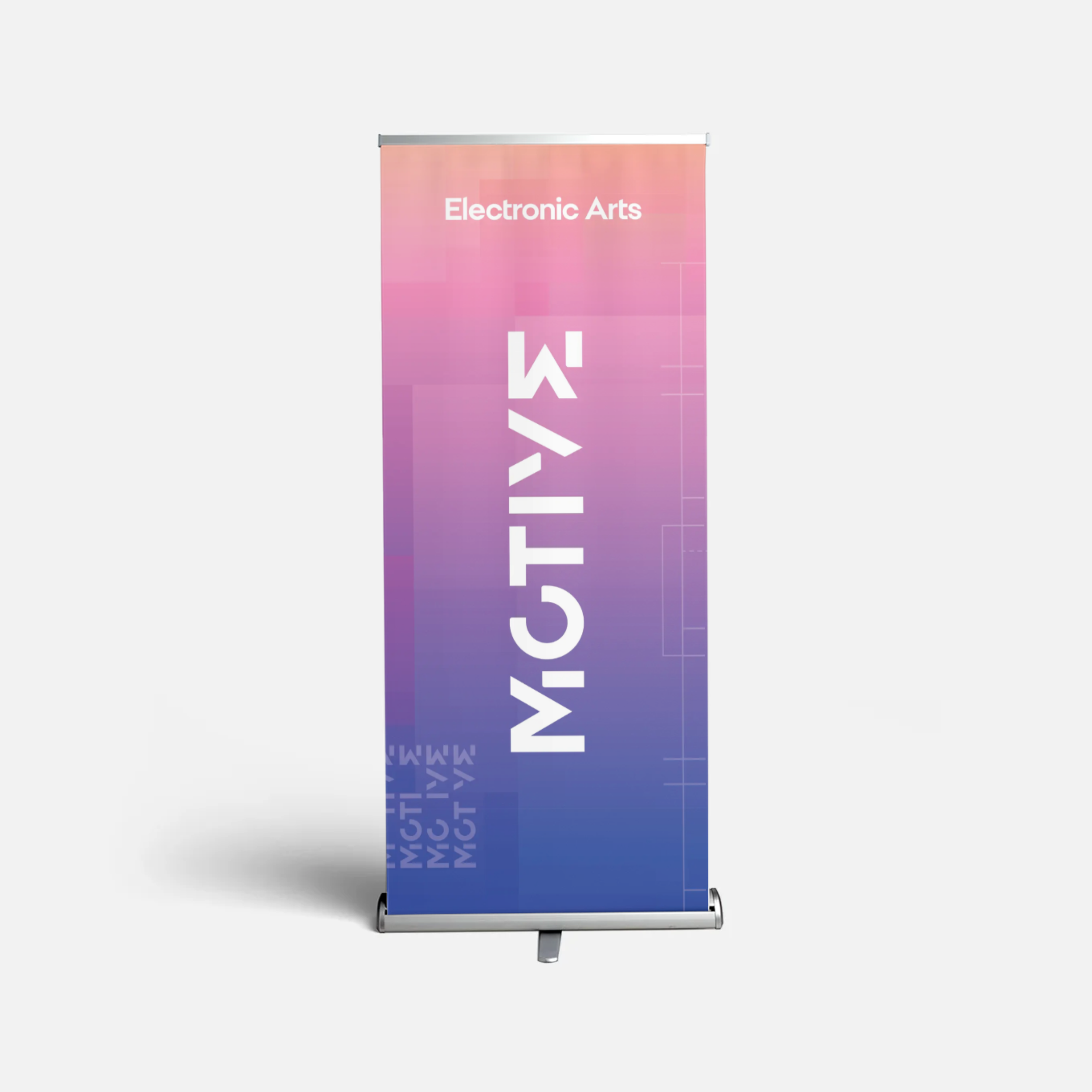 Vertical banner advertising electronic arts with gradient colors from peach to purple, featuring stylized text.