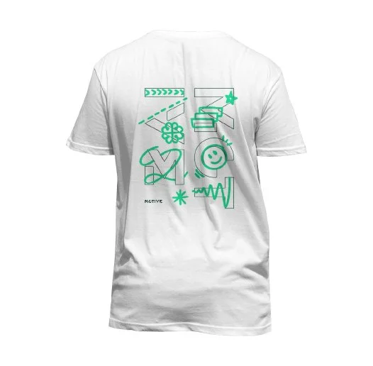 White t-shirt with green abstract doodles including smiley face, star, heart, flowers, and various geometric shapes.