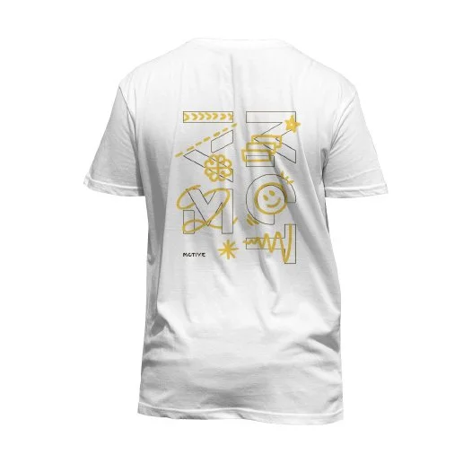 White T-shirt with yellow abstract line art designs on the back, including a star, smiley face, and various geometric shapes.
