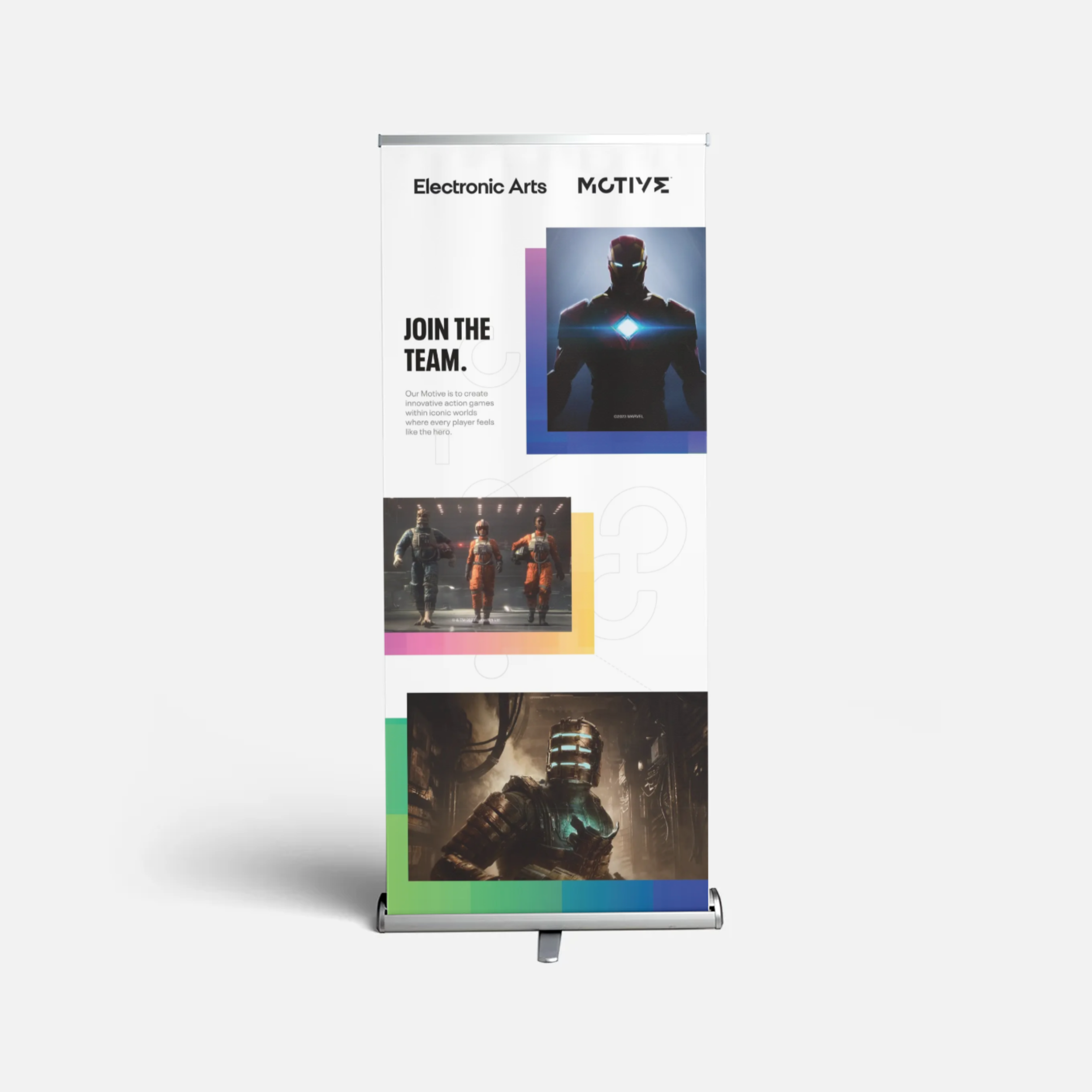 Vertical banner with promotional images and text about electronic arts, featuring superhero, sci-fi video game characters, and a call to join a team.