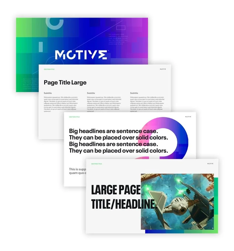A presentation slide deck with multiple slides overlapping, featuring colorful backgrounds, large headlines, and a graphic of a spacecraft in space.
