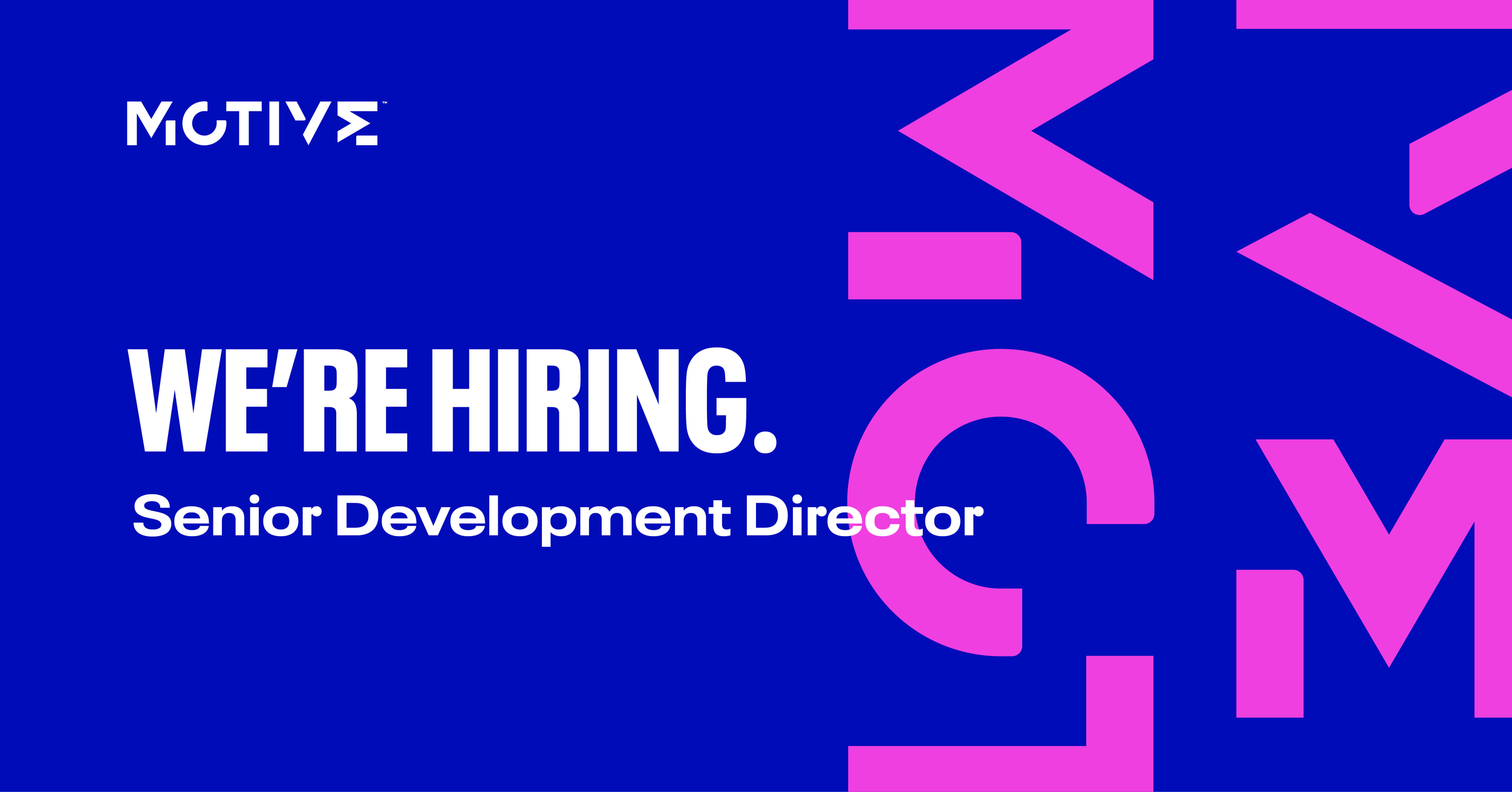 Blue background with text announcing a job opening for a Senior Development Director, with bold white letters saying "WE'RE HIRING." and abstract purple graphic elements.