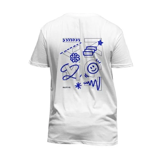 White T-shirt with blue abstract doodles and sketches, including a smiley face, star, and various lines and shapes.