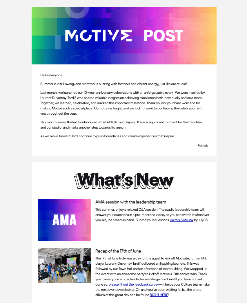 A digital newsletter titled 'MOTIVE POST' with colorful gradient background, featuring sections on recent company updates, an AMA session with leadership, and a recap of the 17th of June event, including photos and links.