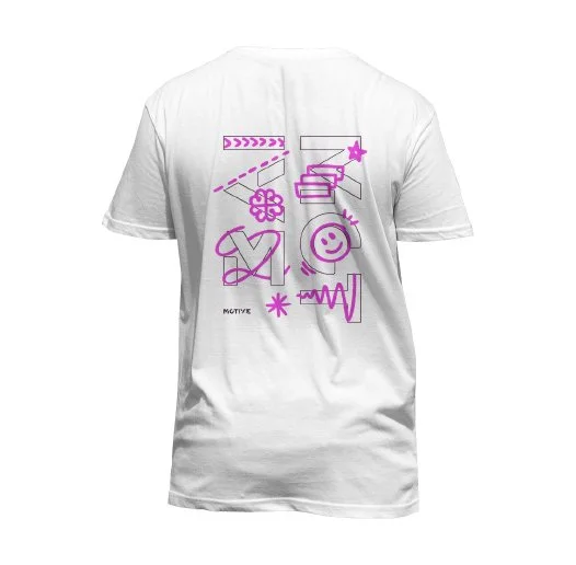 White T-shirt with pink abstract line drawings including a star, smiley face, flower, and other geometric shapes.