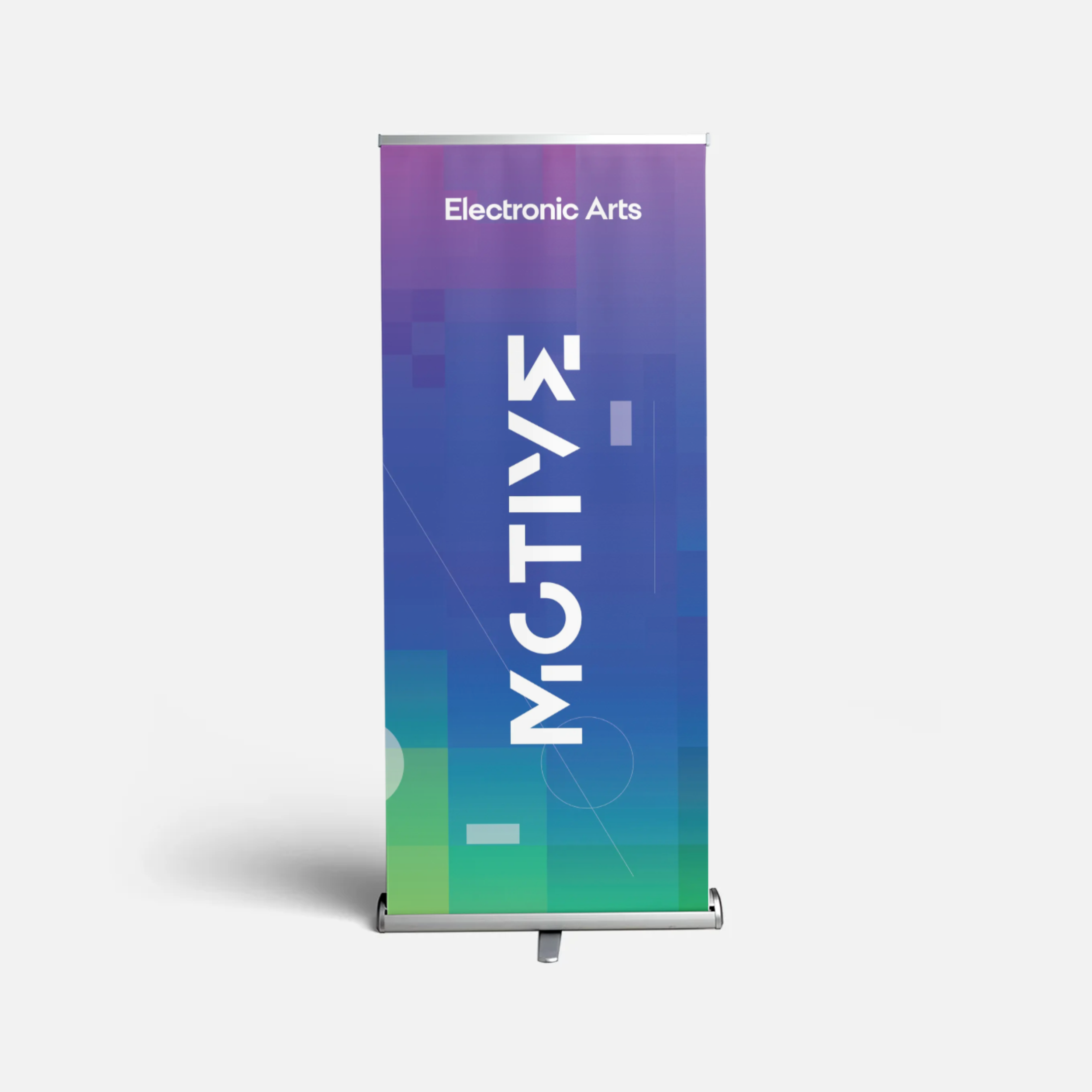 Vertical promotional banner with a gradient blue and green background and geometric shapes, displaying the text 'Electronic Arts' at the top, and stylized, large, vertical text 'MOTIVE' in the center.