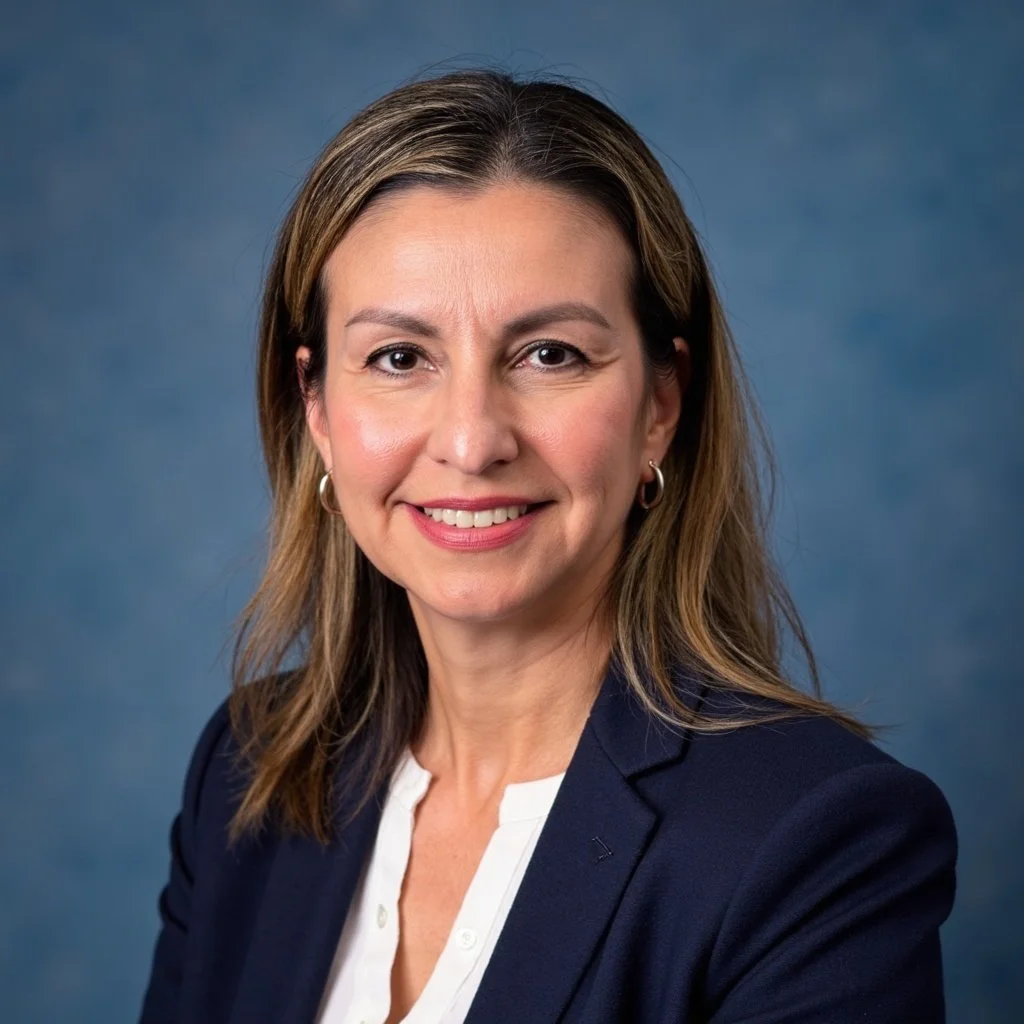 Professional woman smiling, wearing a navy blazer and a white blouse, with a blue background.