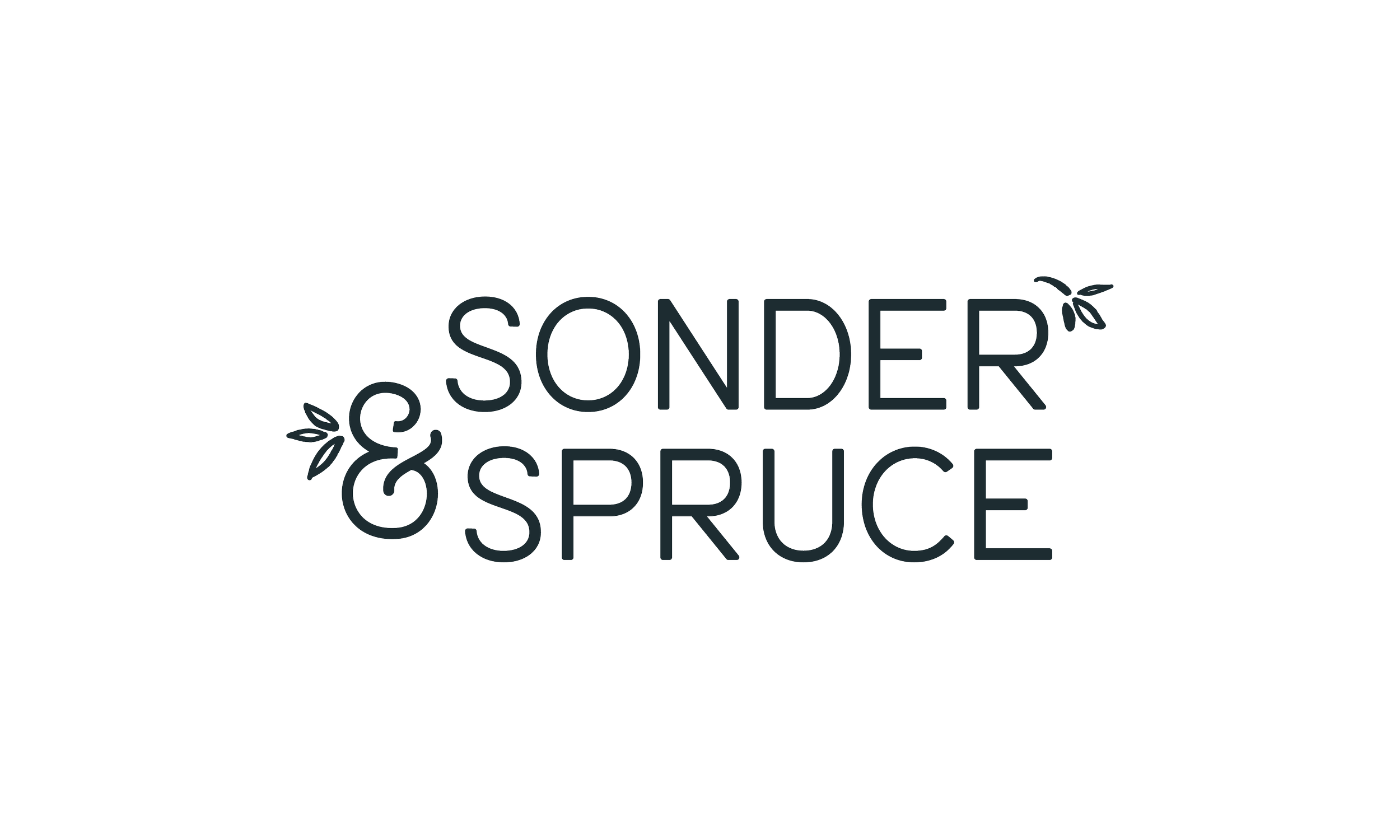 Logo with the words "Sonder & Spruce" and decorative leaves