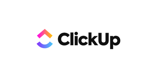 ClickUp logo with a colorful abstract icon and the word 'ClickUp' in black text.