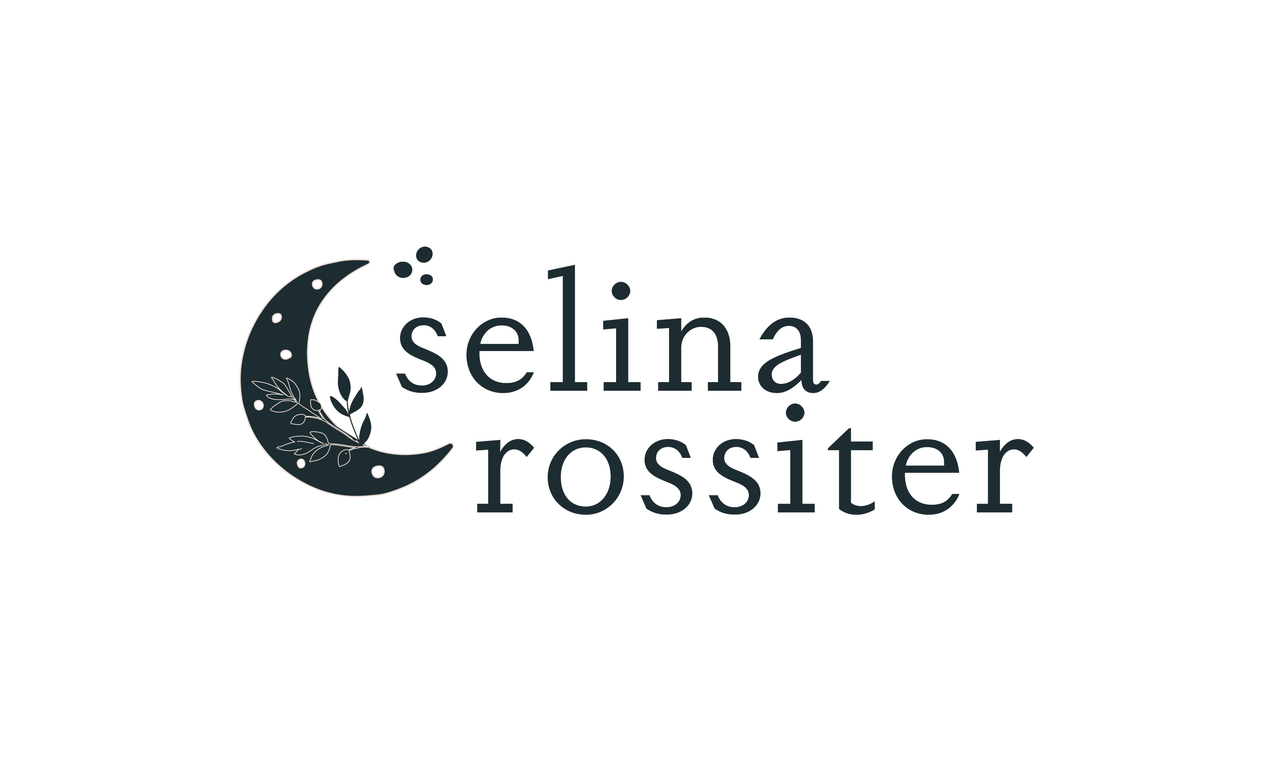 A logo for Selina Rossiter featuring a crescent moon with decorative leaves and dots, with the name 'Selina Rossiter' next to it.