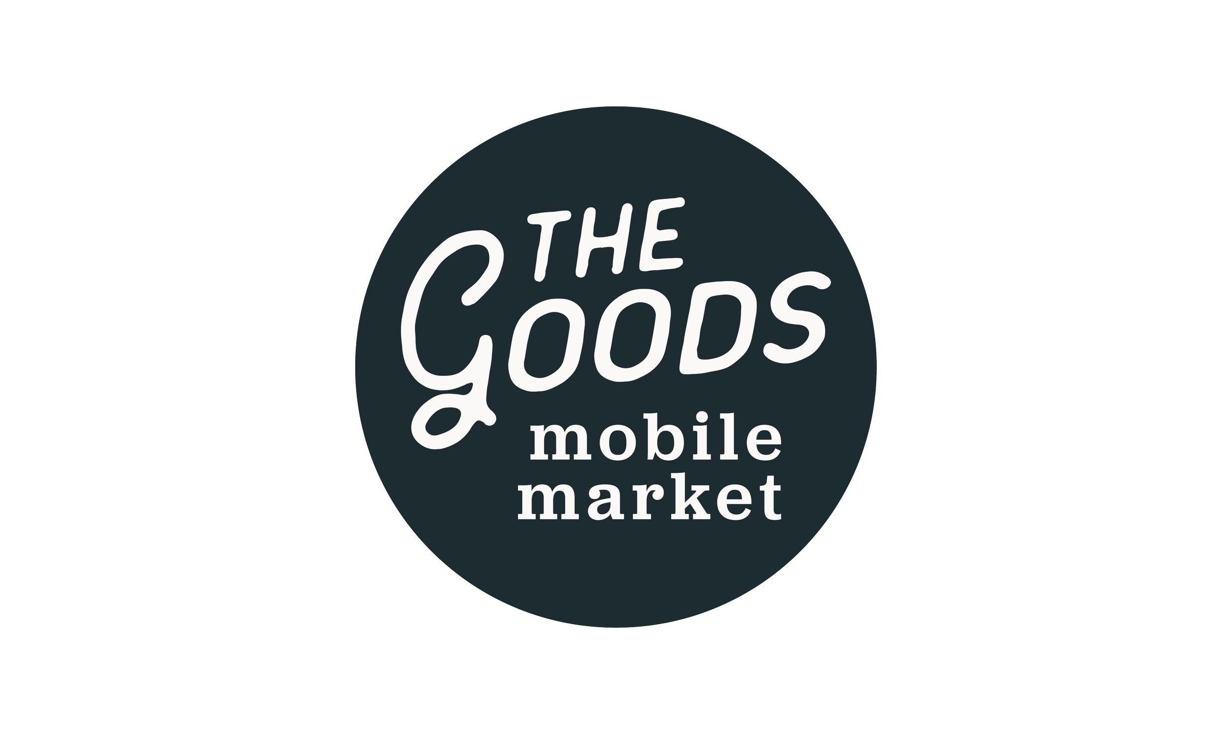 Logo for THE GOODS mobile market, featuring white text on a black circular background.