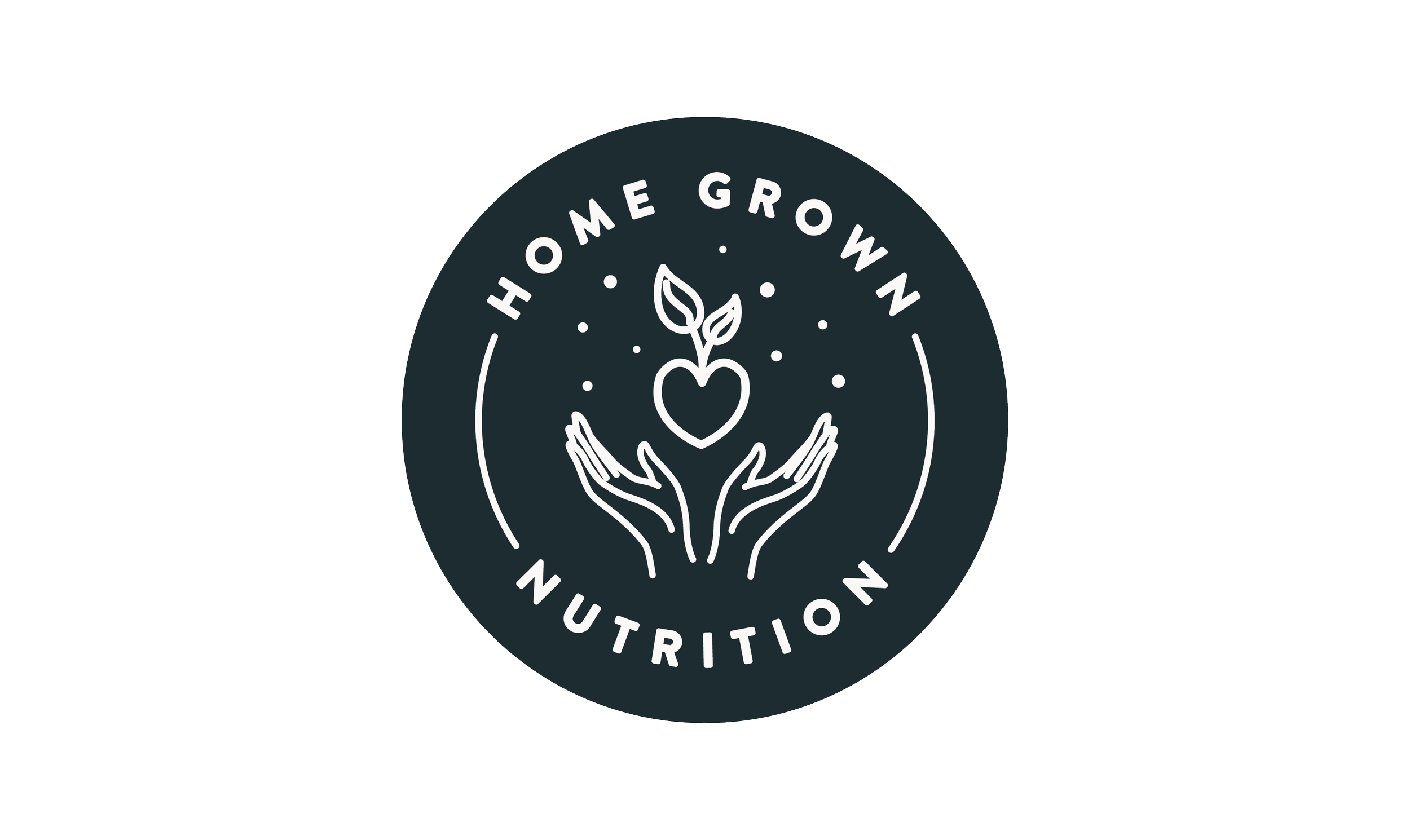 A circular logo with the words "Home Grown Nutrition" surrounding a line drawing of hands holding a heart with a sprouting plant inside it.