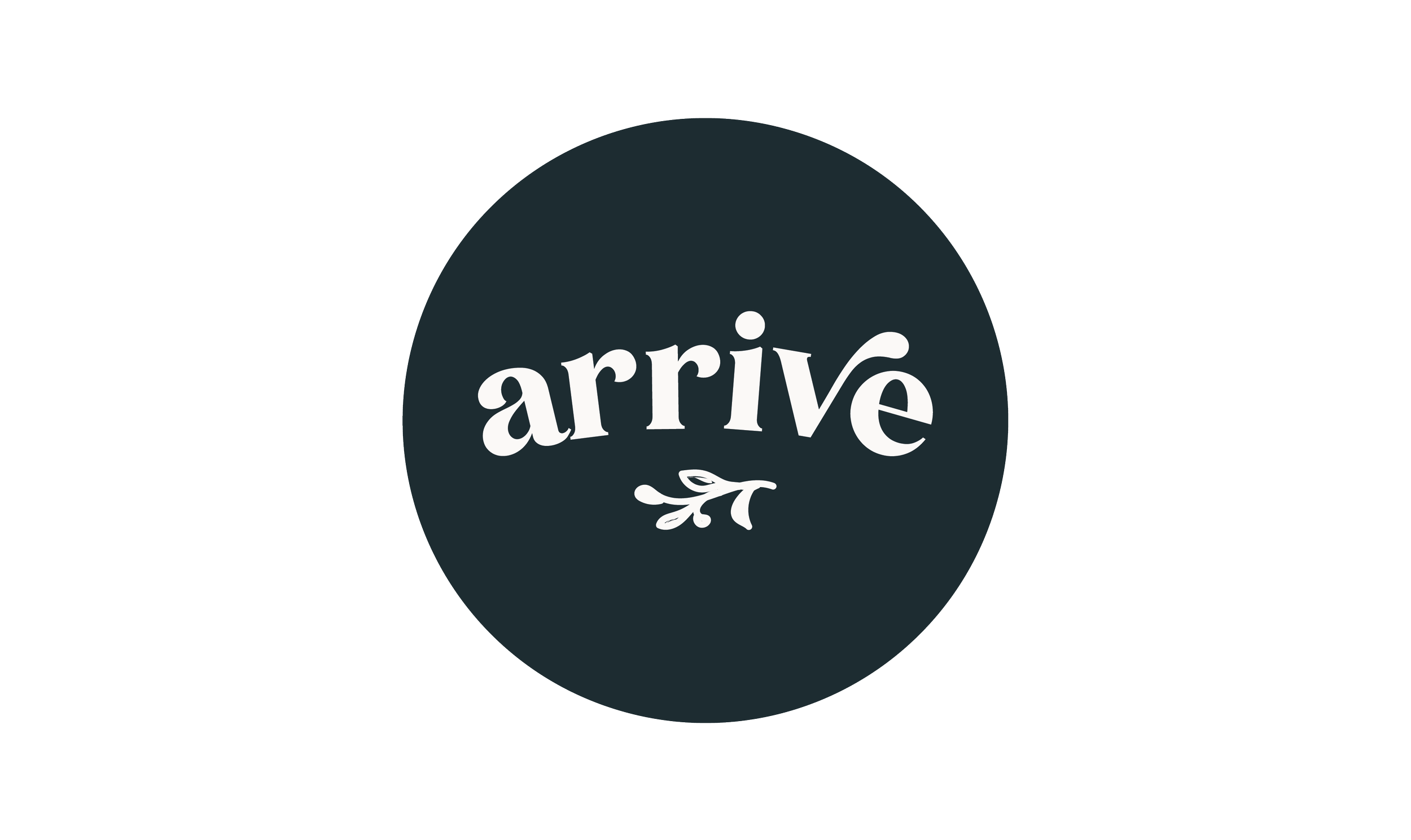 Black circle with white text that says 'arrive' and a small decorative leaf underneath