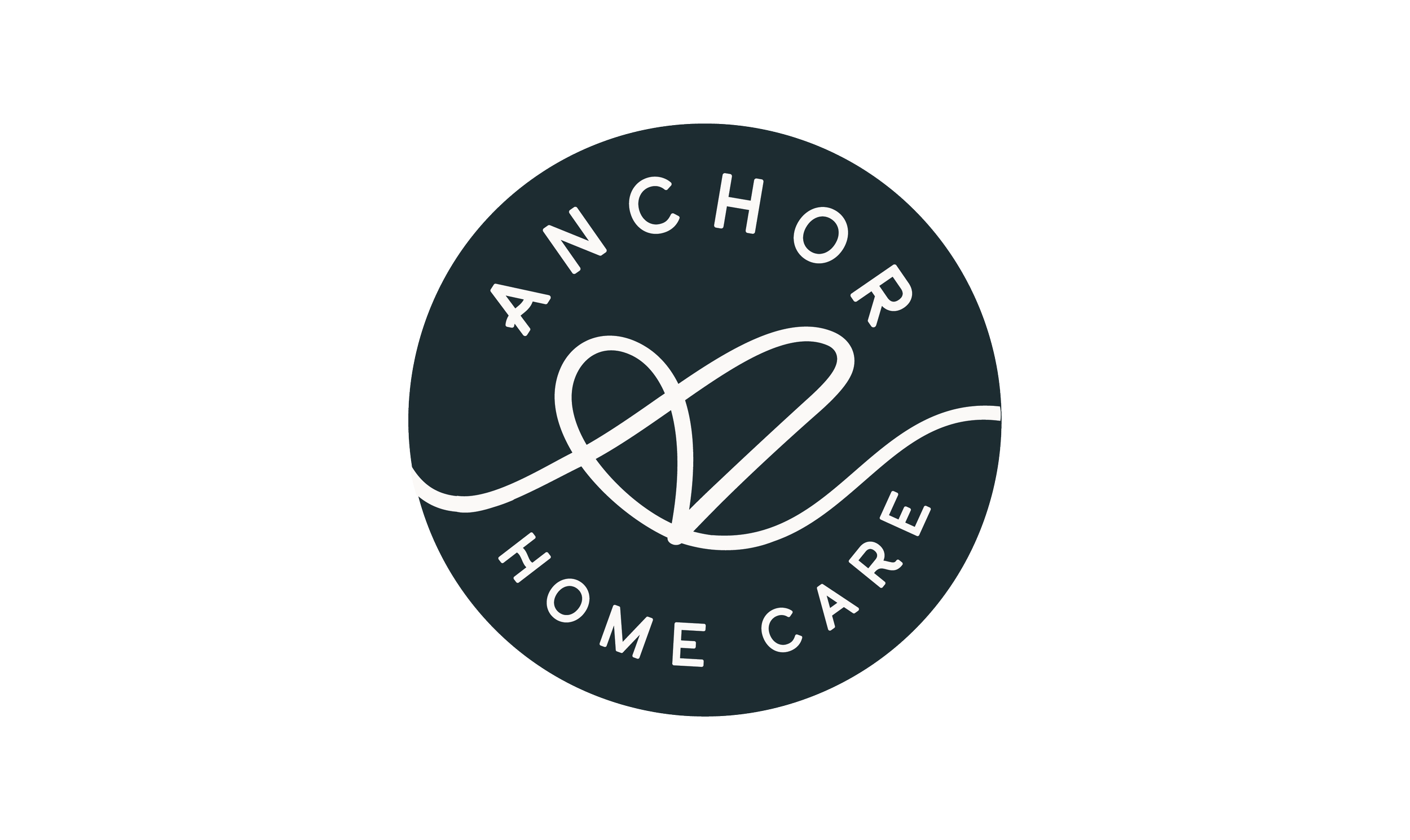 Logo for Anchor Home Care featuring a dark circular background, a white wave-like line through the center, and the words 'ANCHOR' and 'HOME CARE' surrounding the line in a circular arrangement.