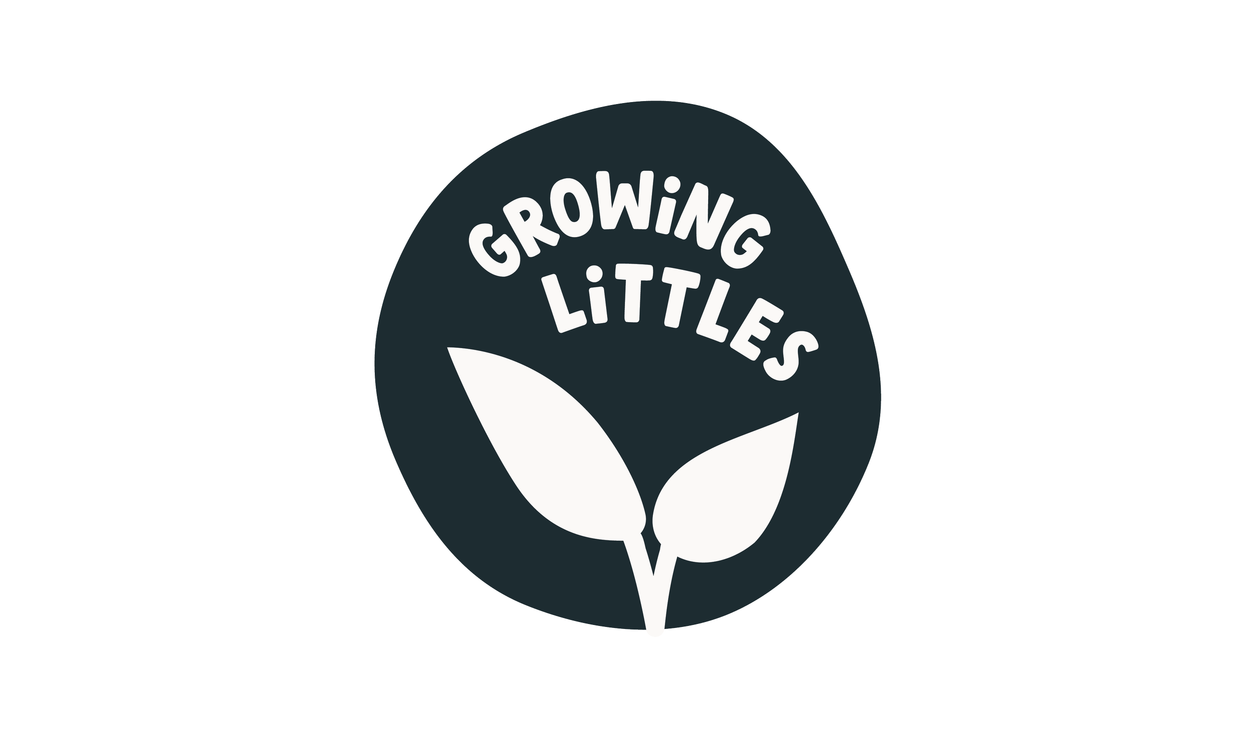 A circular logo with a dark background and white text that says 'Growing Littles' and an illustration of two leaves.