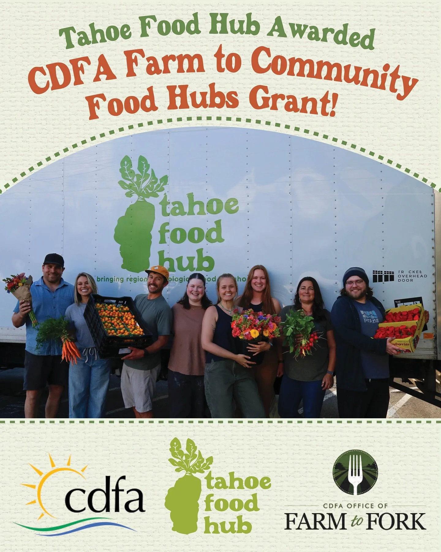 π Big news! We’re thrilled to share that Tahoe Food Hub has been awarded over $1.3 million through the California Department of Food & Agriculture’s Farm to Community Food Hub Grant Program!
This investment will help us:
π Improve