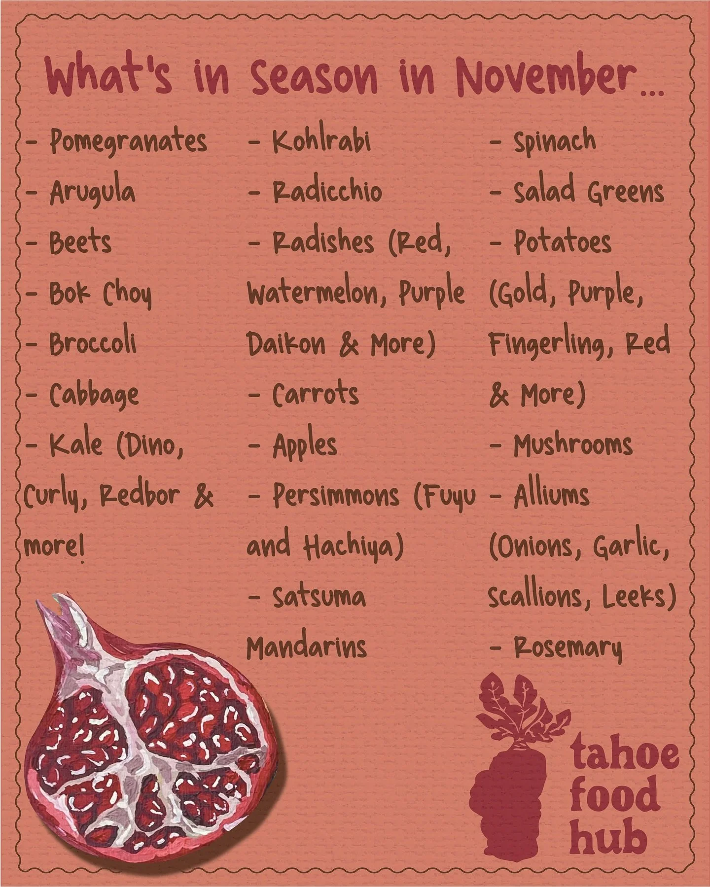 🎉 Happy November! 🍂

Here&rsquo;s your guide to what&rsquo;s in season this month: juicy pomegranates (the Harvest of the Month!), hearty winter squash, fresh greens, and more. Perfect for cozy meals and seasonal treats! 🥗🍠
Celebrate local flavor