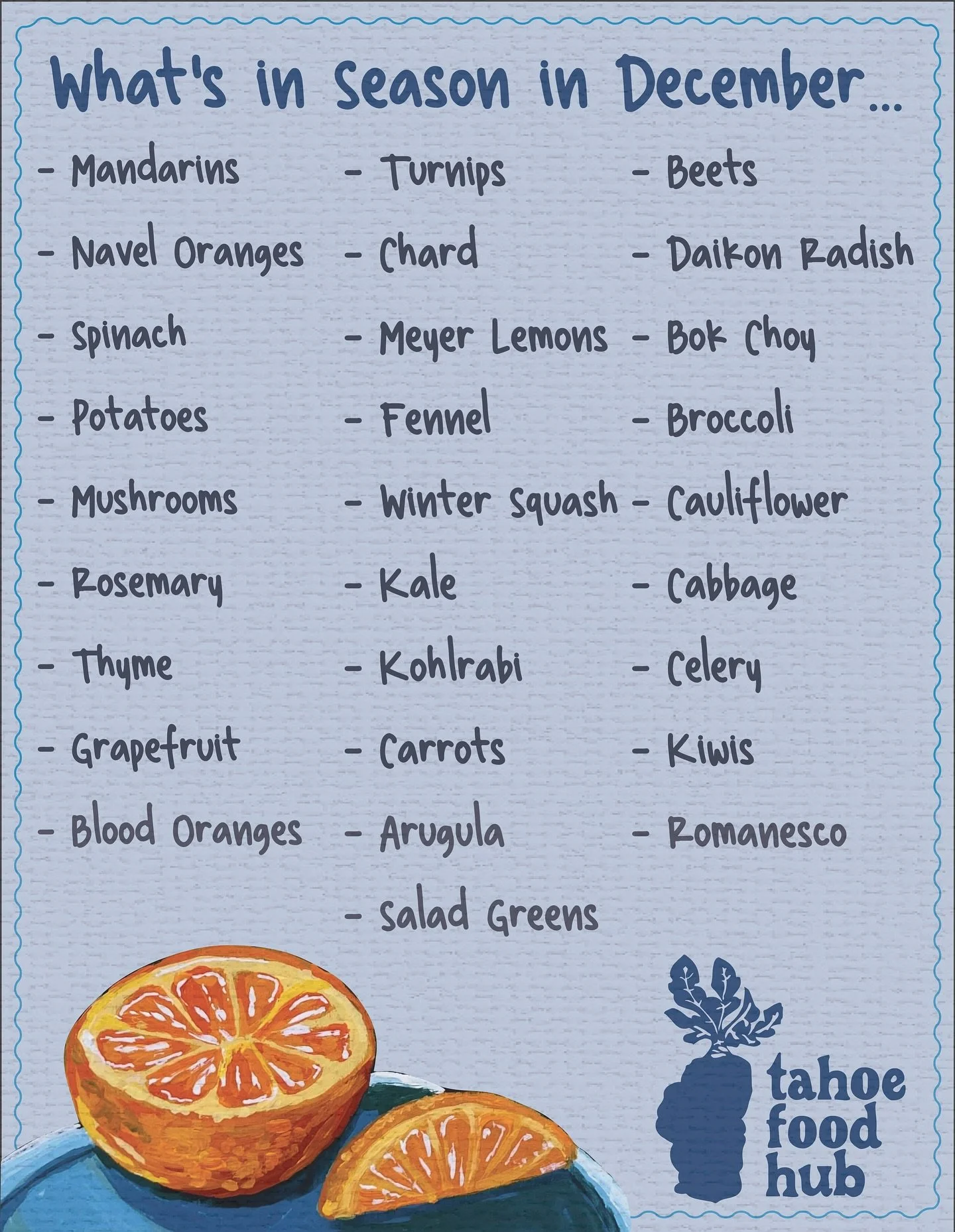 Happy December, Tahoe! ❄️🍊
We&rsquo;re officially in peak winter harvest season &mdash; and it&rsquo;s a delicious one. Citrus is in full swing (hello mandarins &amp; Meyer lemons!), leafy greens and brassicas are thriving, and hearty root veggies a
