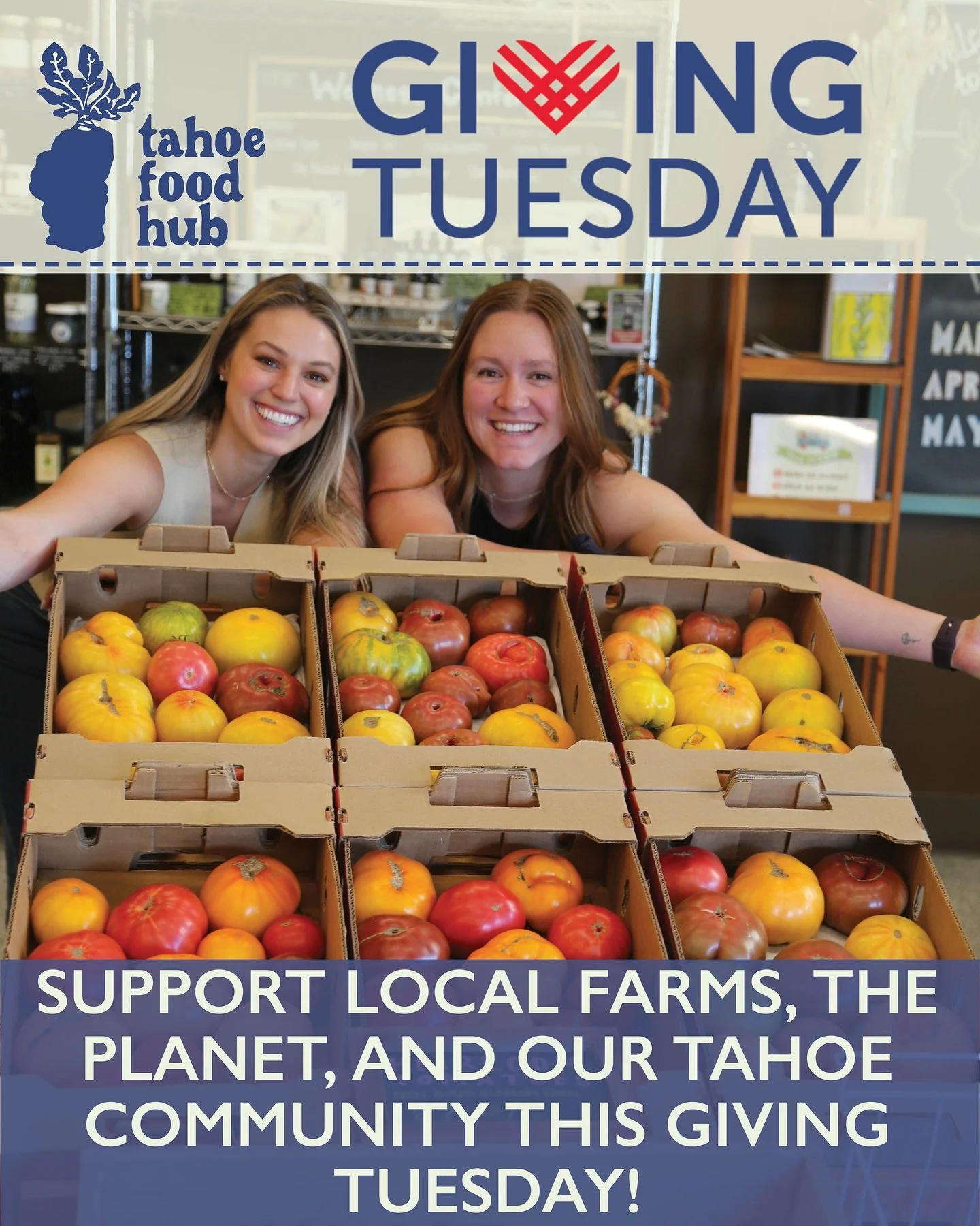 This Giving Tuesday, help us nourish our community. 💚🥕

From providing fresh, local produce to 4,500 students, to supplying weekly fruits and veggies to families through our Giving Box Program, to expanding access with our new South Lake Tahoe deli