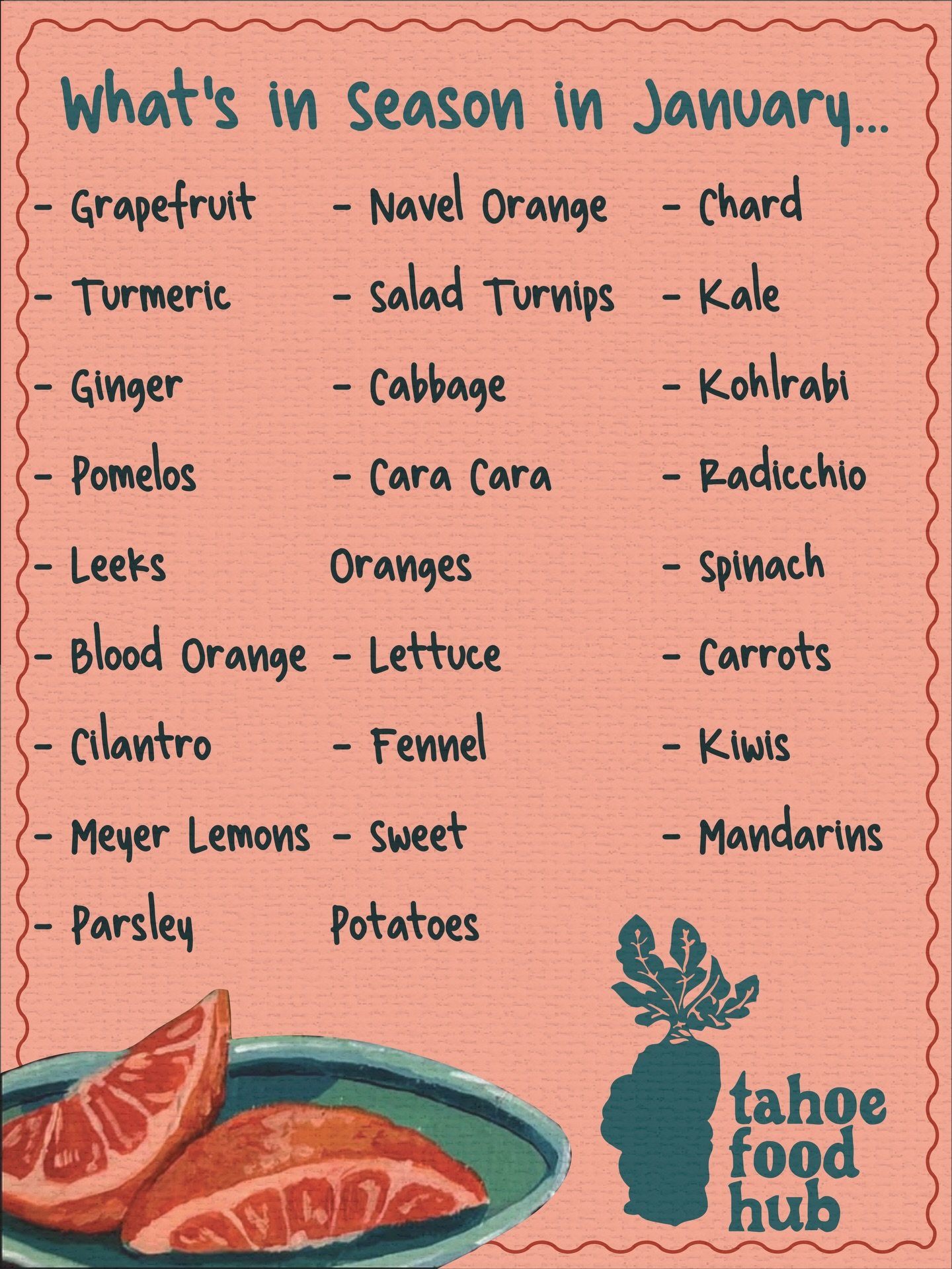 ✨ Happy New Year from Tahoe Food Hub! ✨

Here&rsquo;s what we&rsquo;re looking forward to this January 🥕🍊🌿
Think bright, juicy citrus&mdash;Cara Cara, blood, and navel oranges&mdash;plus plenty of crunchy root veggies, vibrant leafy greens, fresh 