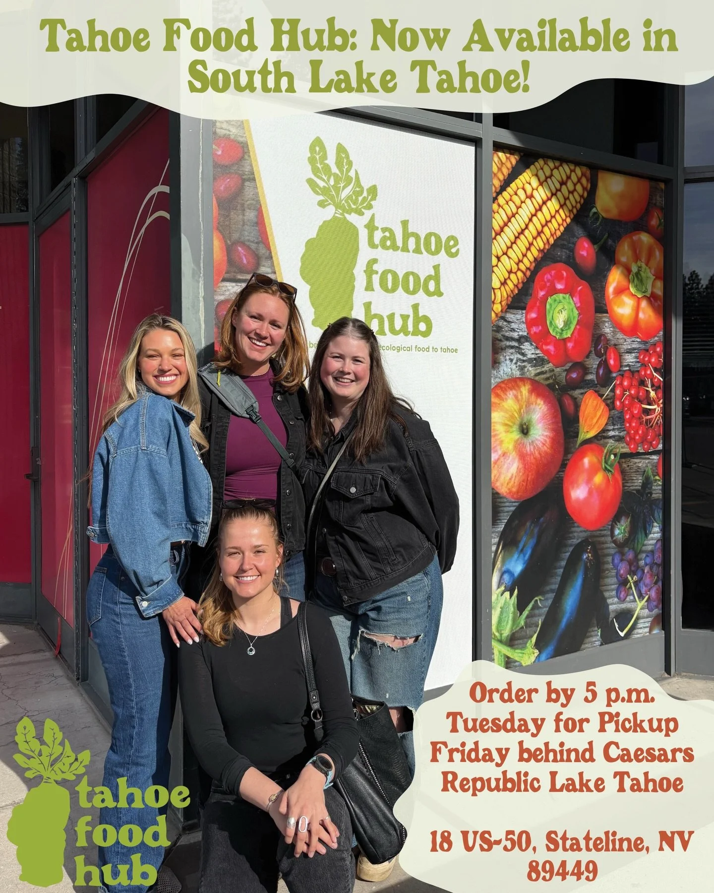We&rsquo;re so excited to remind you about our South Lake Tahoe pickup location! Thanks to a generous partnership with Caesars Republic Lake Tahoe, we&rsquo;re able to bring fresh, locally grown produce straight to the South Shore community.

Here&rs