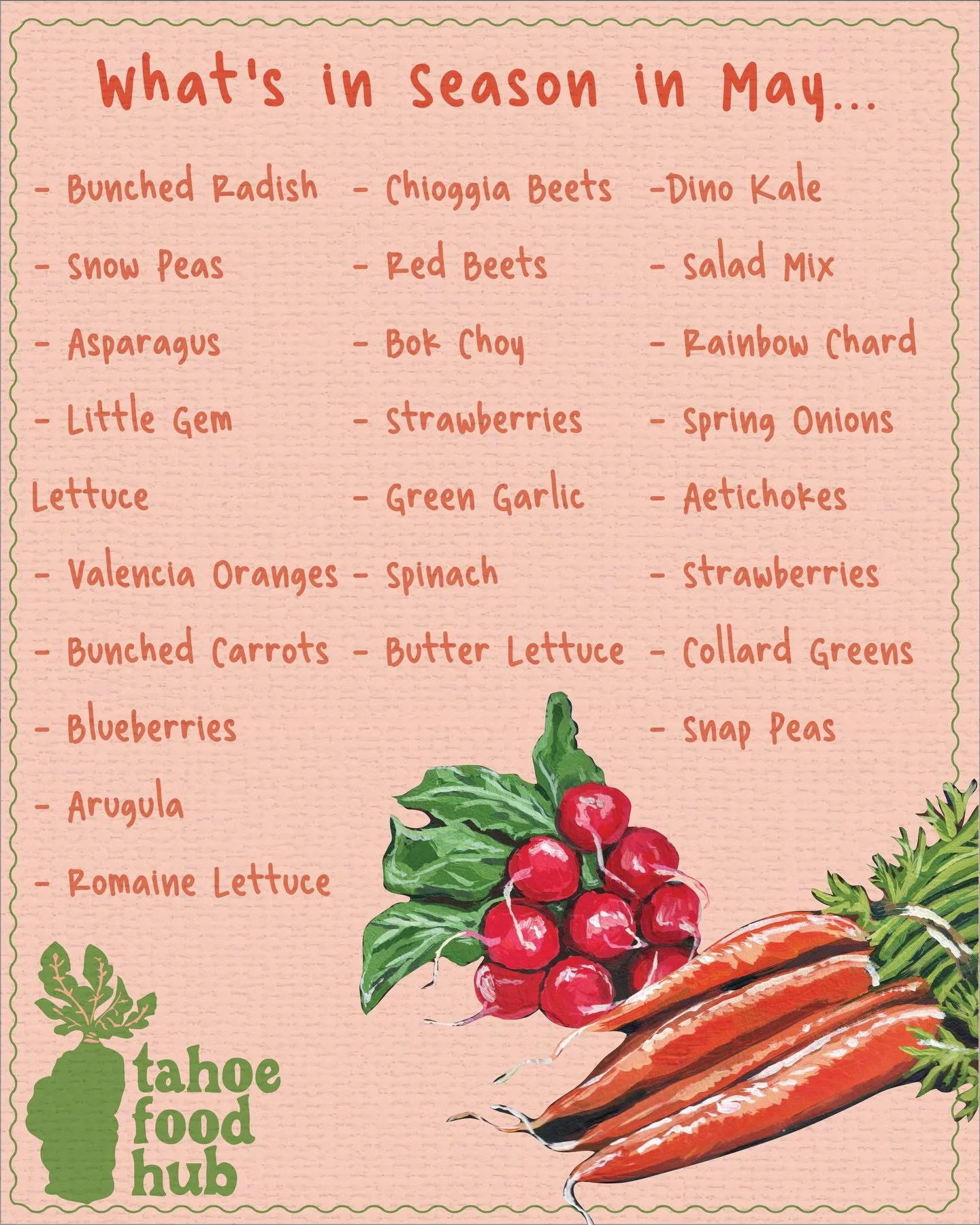 🌿✨ Hello May! Fresh flavors of spring are here, and our local farms are bringing the best of the season.
This month you&rsquo;ll find beautiful spring produce like artichokes, strawberries, carrots, radishes, cherries, and more now available through