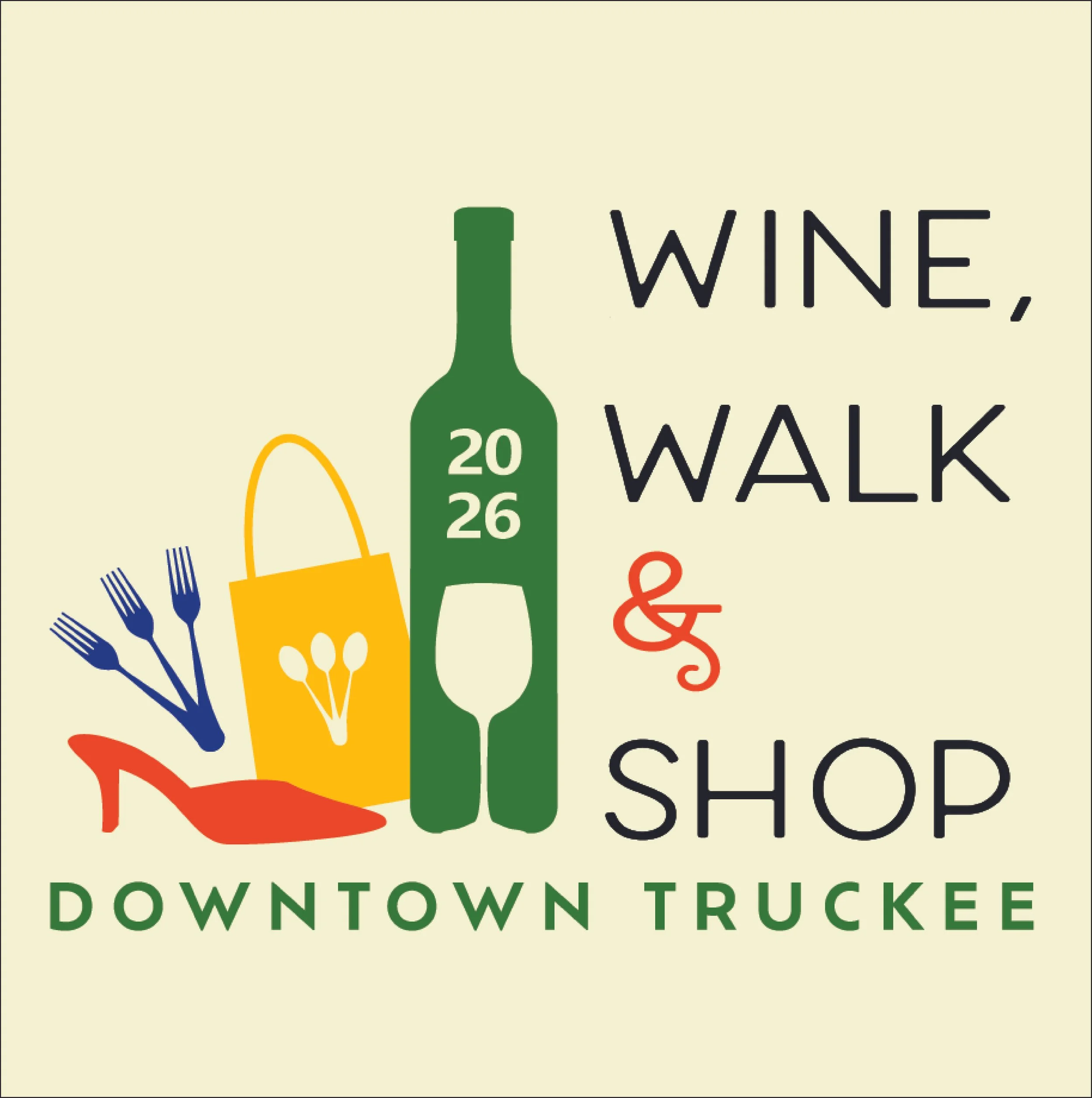 Logo for the 22nd Annual Wine Walk and Shop in Downtown Truckee, featuring a wine bottle, a wine glass, a shopping bag, a high heel shoe, and utensils.