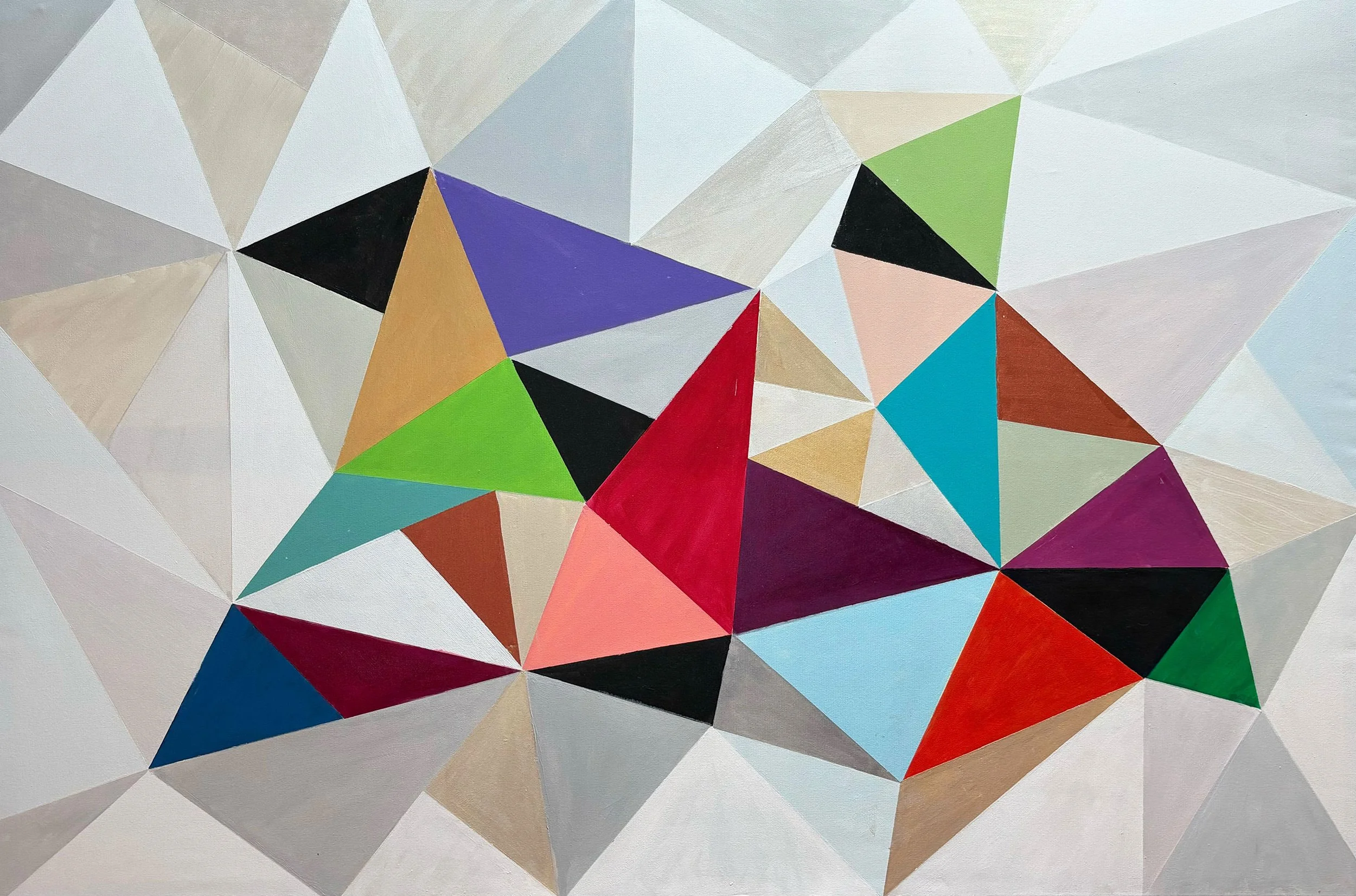 An abstract geometric painting composed of multicolored triangles in various shades, including black, red, blue, green, pink, purple, beige, and gray, arranged in a mosaic pattern.
