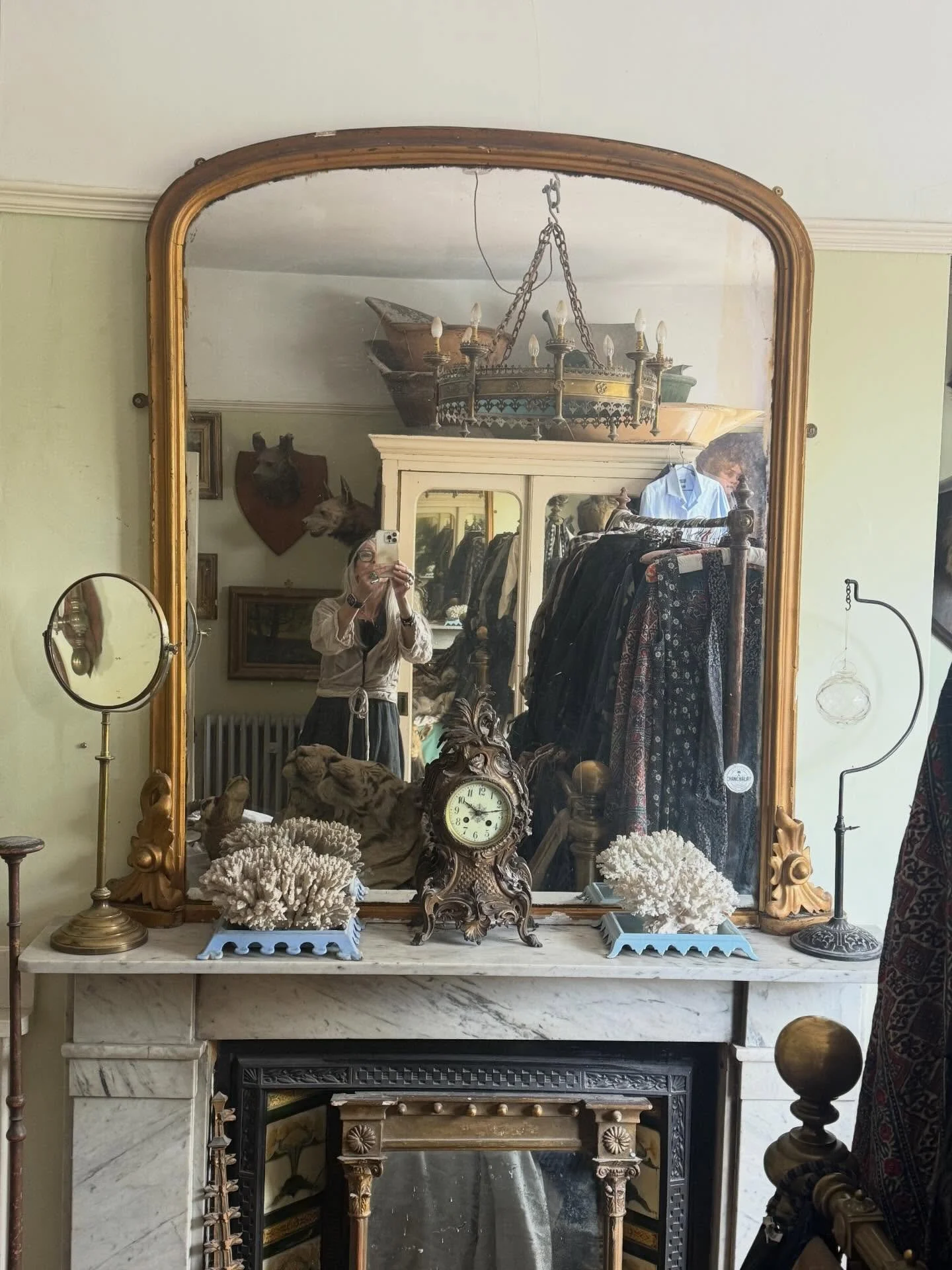 New mirror finally up. My Bed now a work of art 
-
-
-
#overmantelmirror #antiquetaxidermy #mybed #walldecor #antheasattic