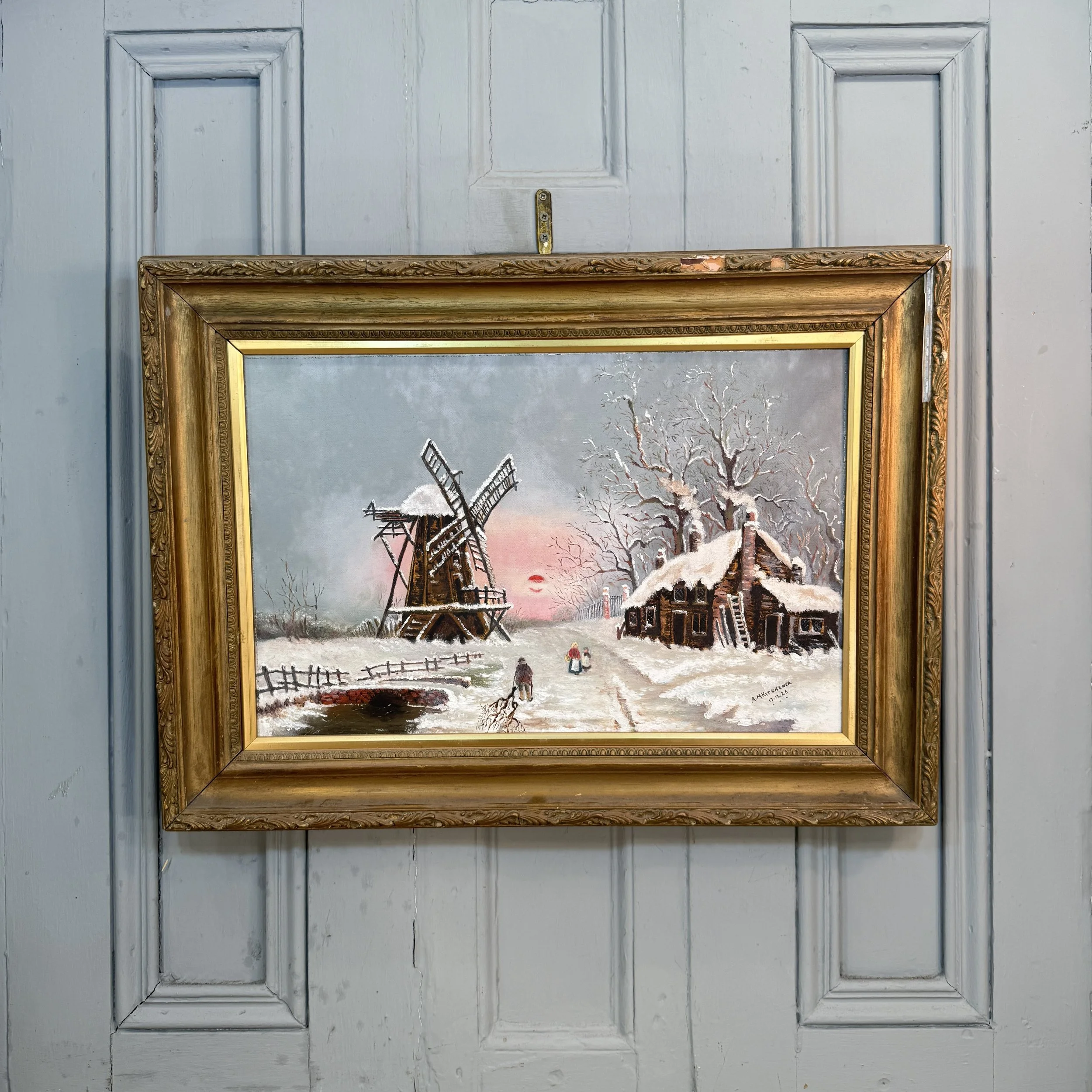 Antique landscape oil painting snow scene of windmill at sunset signed AM Kitchener 1926