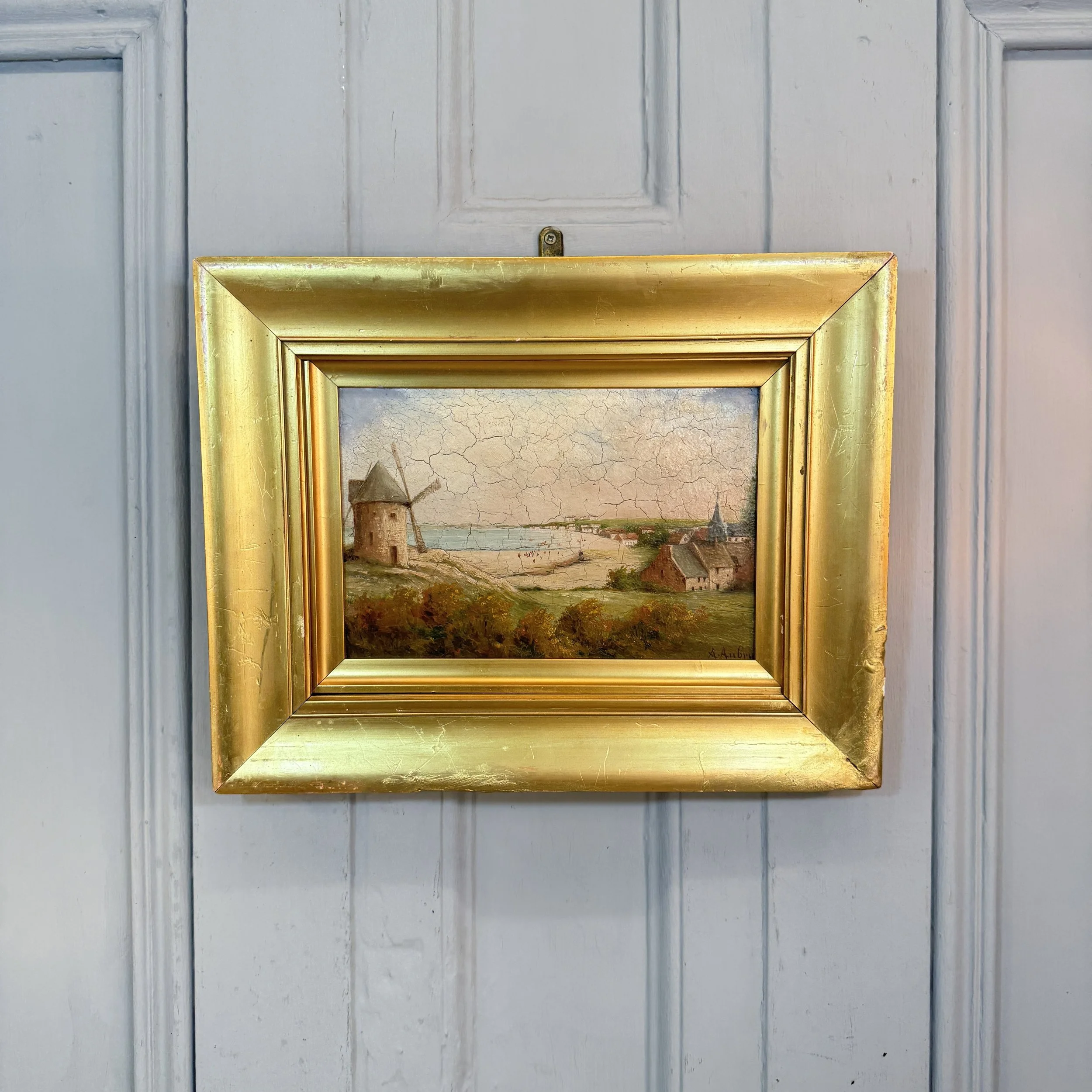 Small antique Belgian coastal landscape oil painting with windmill signed A Aubrey dated 1834