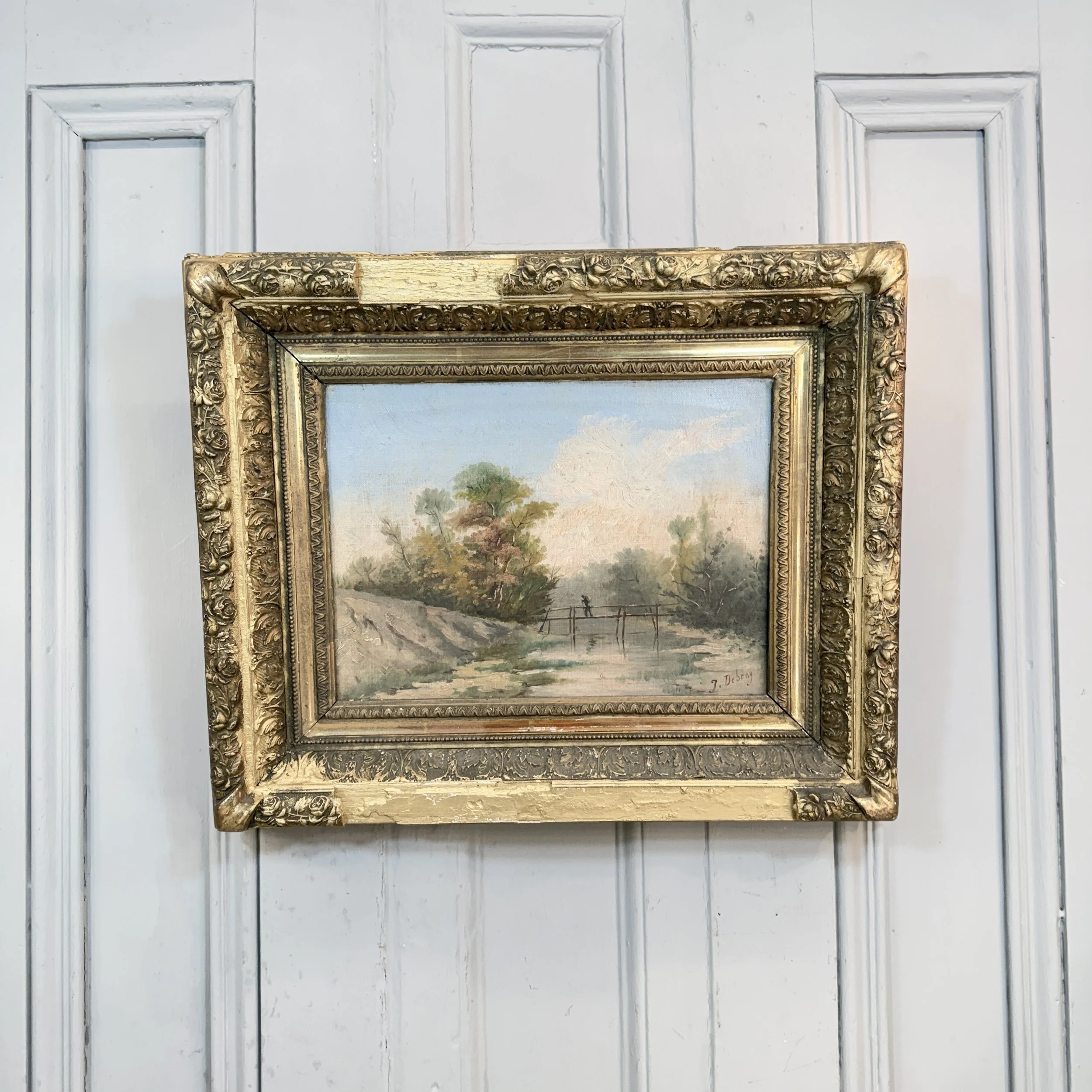 Antique French landscape oil painting study of figure on bridge signed J Debray (2 of 2)