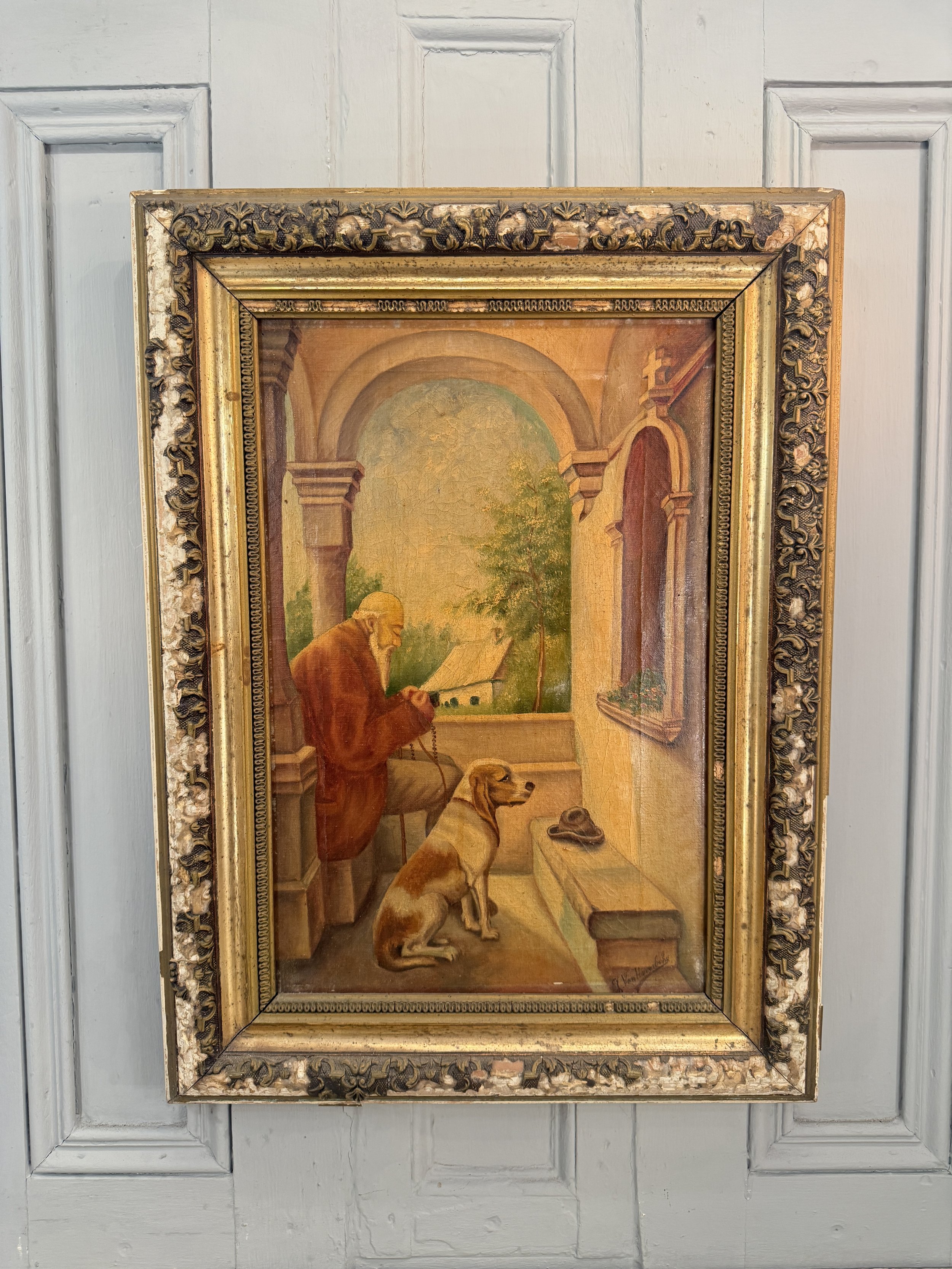 Antique signed Belgian Flemish oil painting portrait of elderly man and his dog