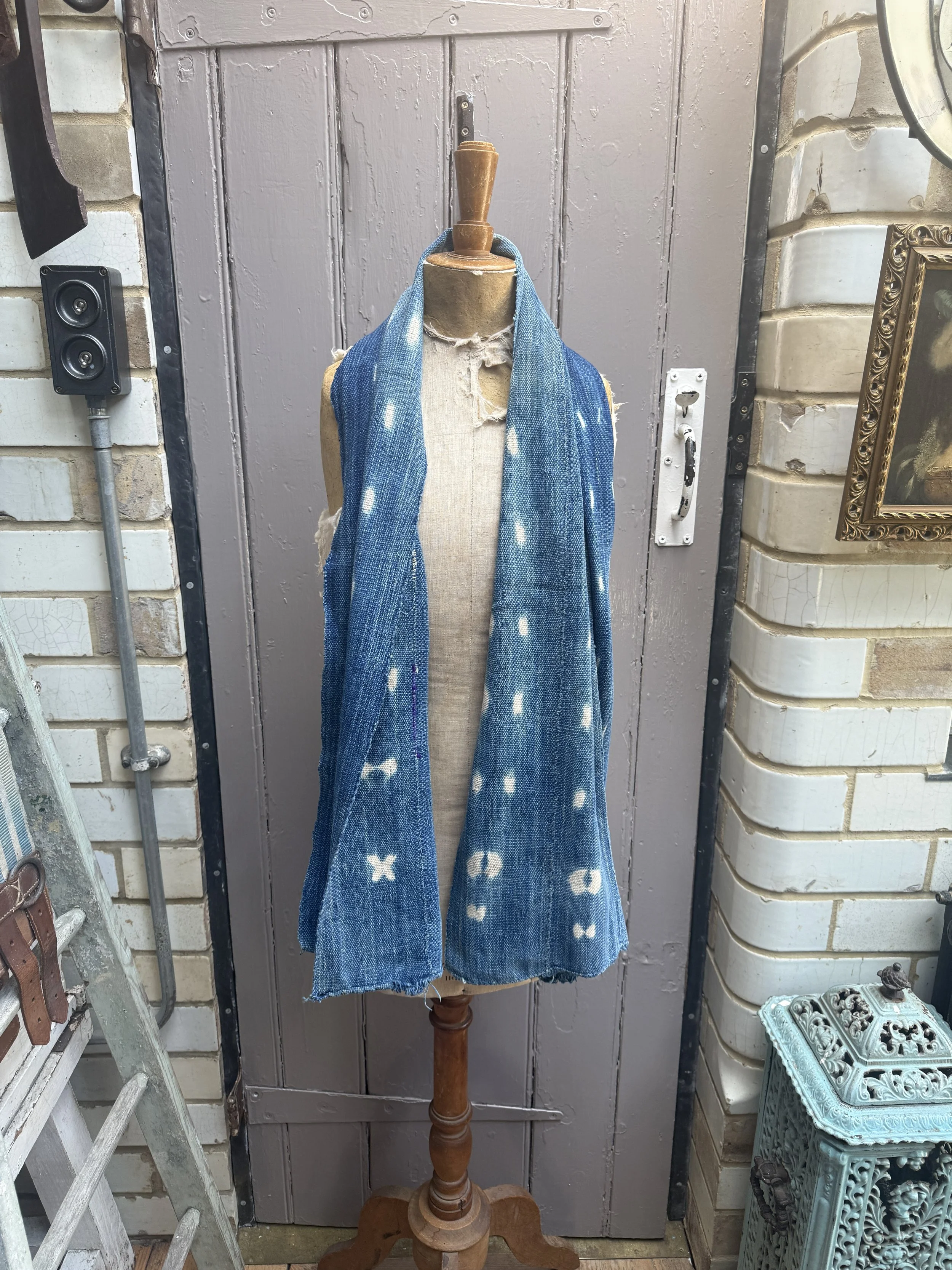 Antique handmade indigo blue cotton linen patterned scarf wrap shawl